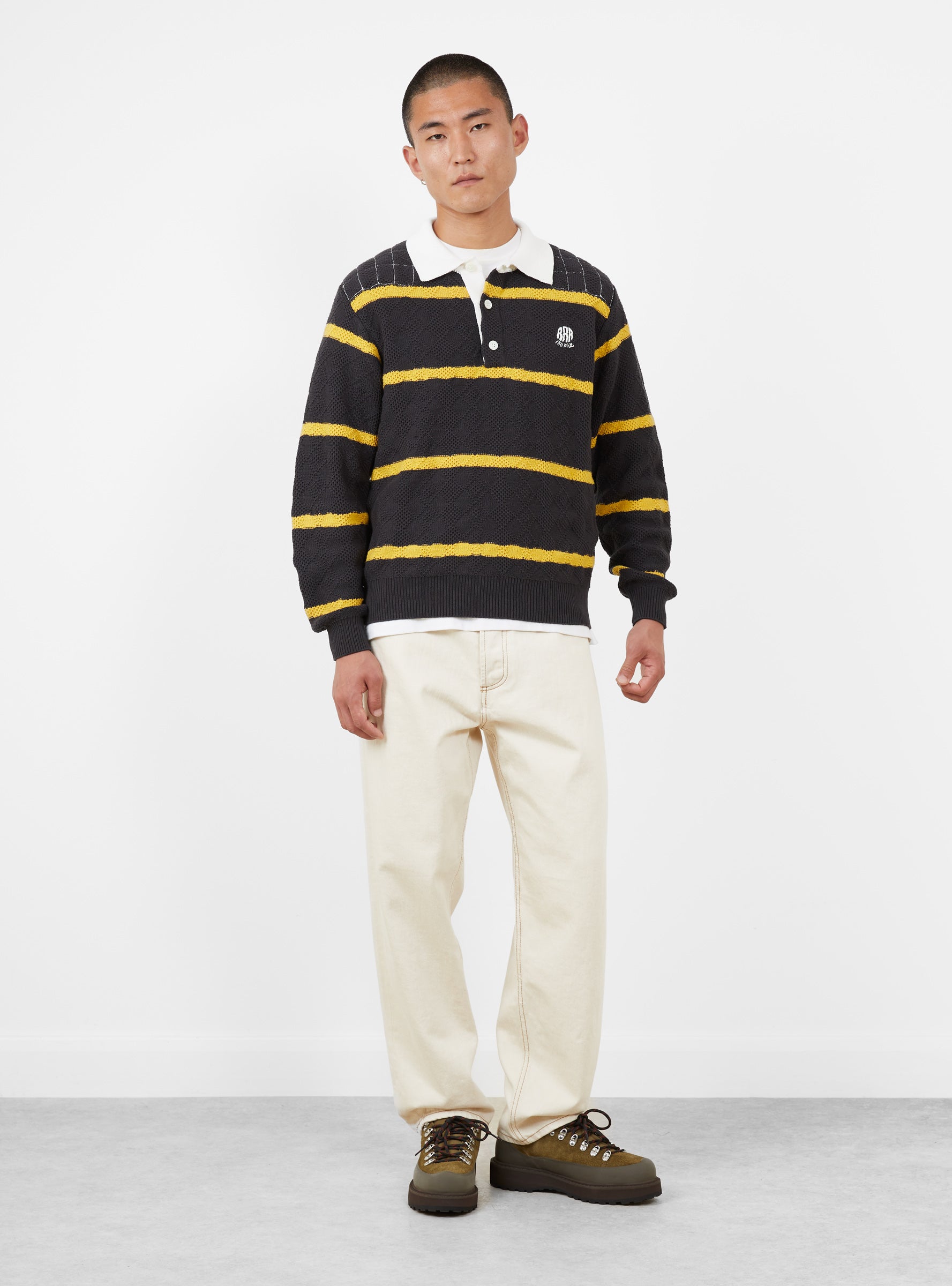 Homemade Knitted Rugby Shirt Faded Black RICE NINE TEN (model front) at Couverture & The Garbstore