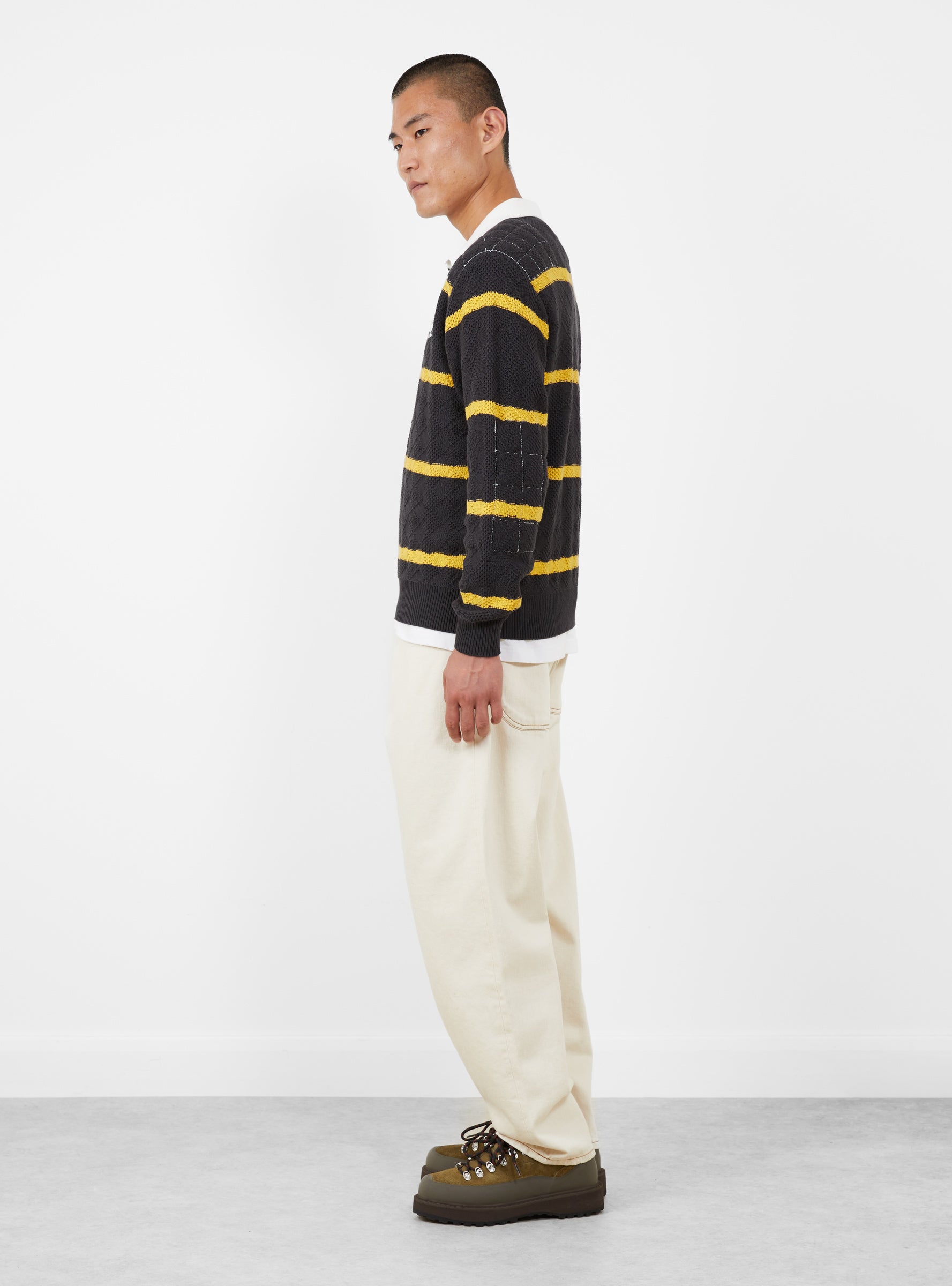 Homemade Knitted Rugby Shirt Faded Black RICE NINE TEN (model side) at Couverture & The Garbstore