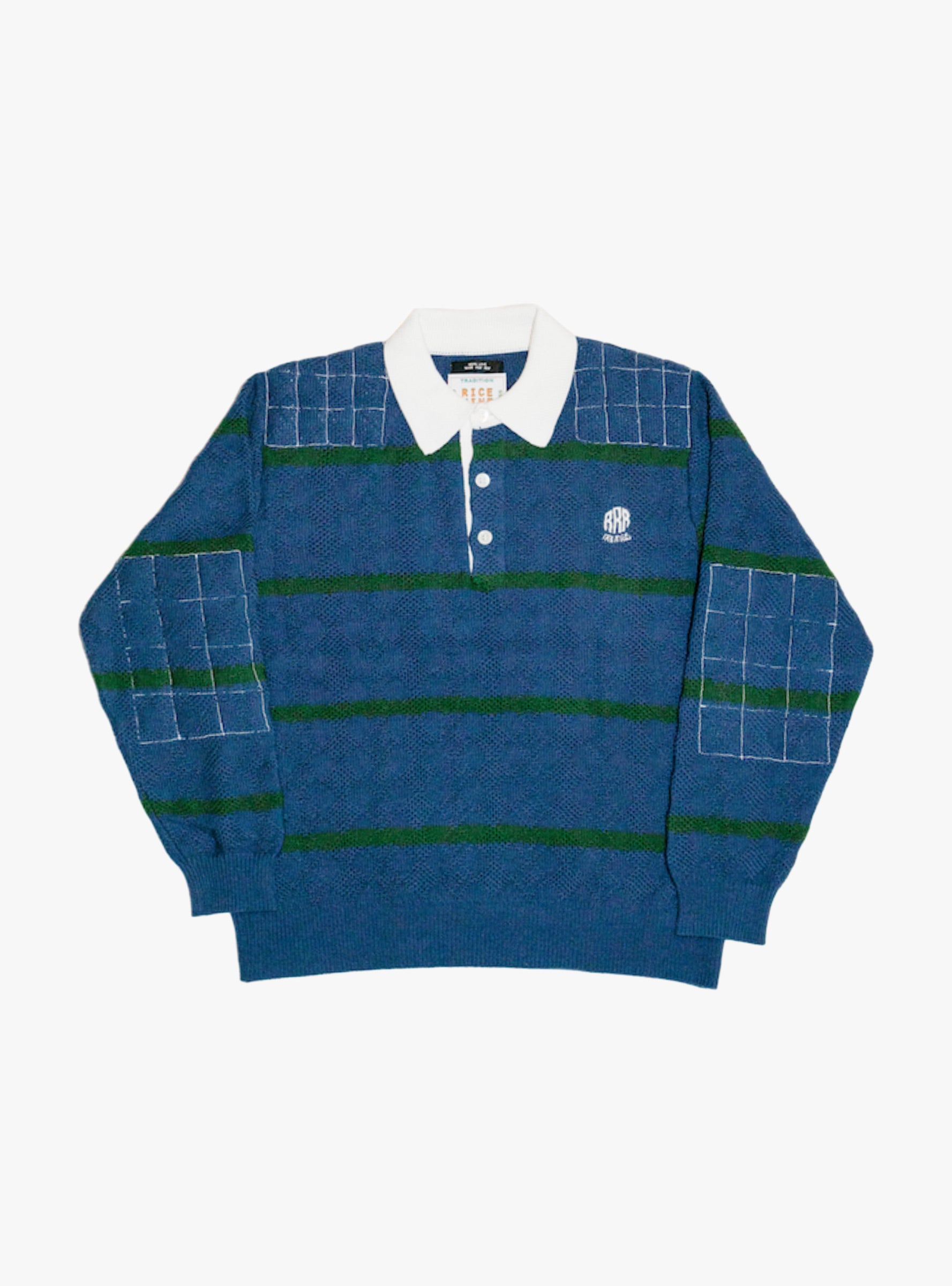 Homemade Knitted Rugby Shirt Faded Navy Blue RICE NINE TEN (Front View) at Couverture & The Garbstore