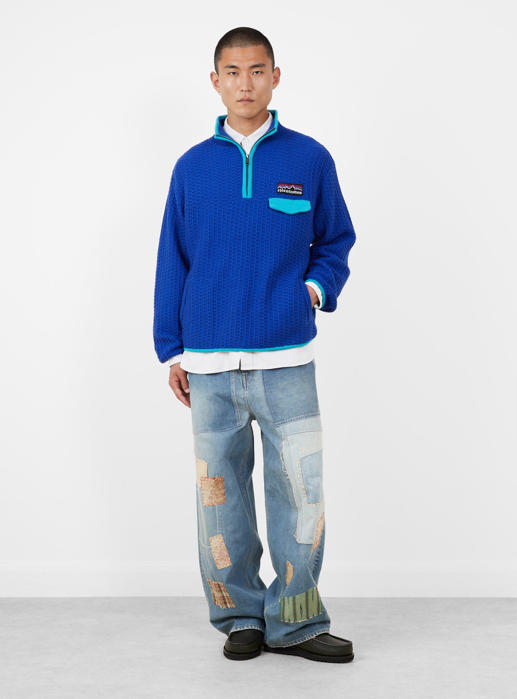 Mountain Knitted Pullover Blue RICE NINE TEN (model front) at Couverture & The Garbstore