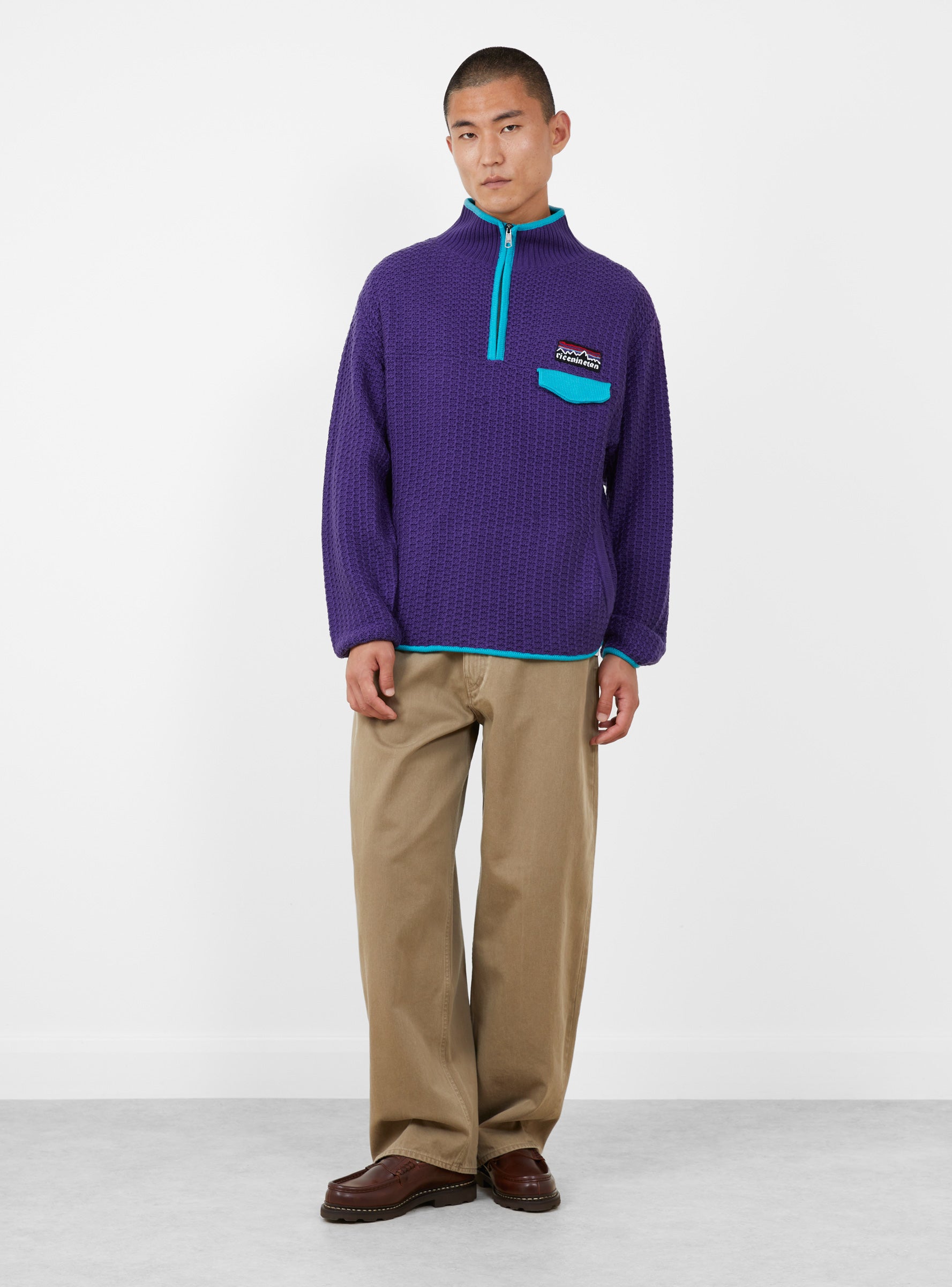 Mountain Knitted Pullover Purple RICE NINE TEN (model front) at Couverture & The Garbstore