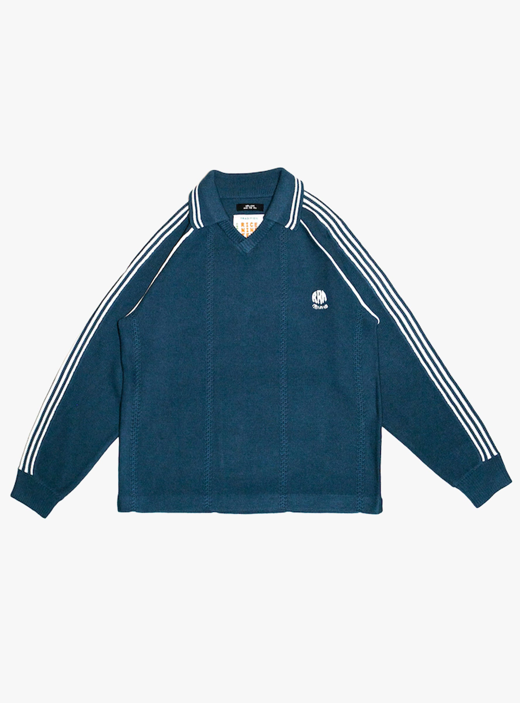 Knitted Game Shirt Dark Blue RICE NINE TEN (Front View) at Couverture & The Garbstore
