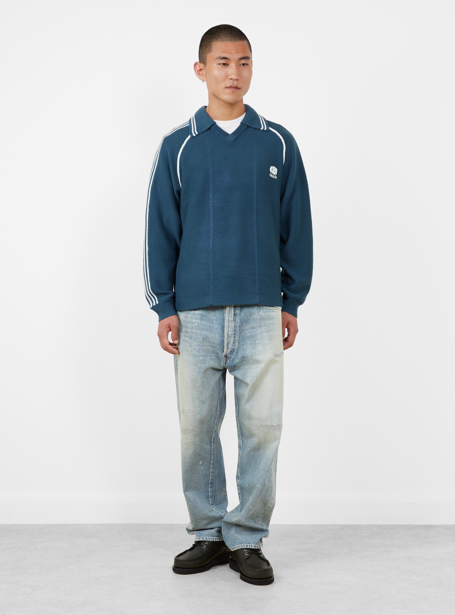 Knitted Game Shirt Dark Blue RICE NINE TEN (model front) at Couverture & The Garbstore