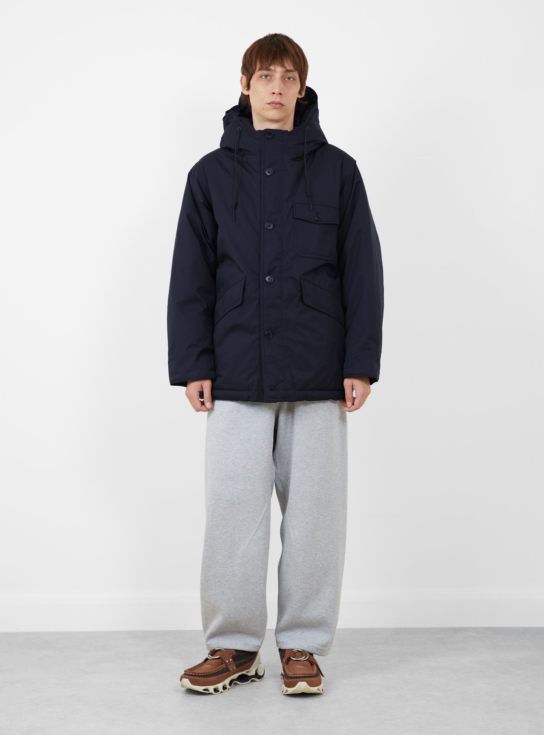 2L GORE-TEX Down Coat Navy NANAMICA (model front) at Couverture & The Garbstore