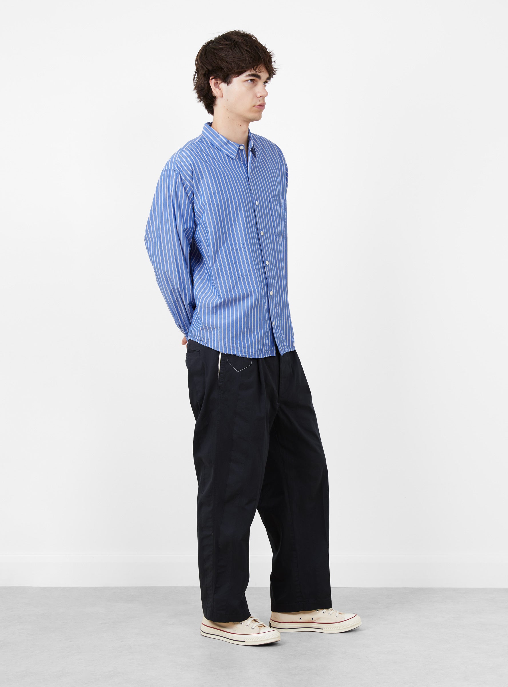 Made in Japan Grande Tab Shirt Blue Blue Stripe TDR (modle side) at Couverture & The Garbstore