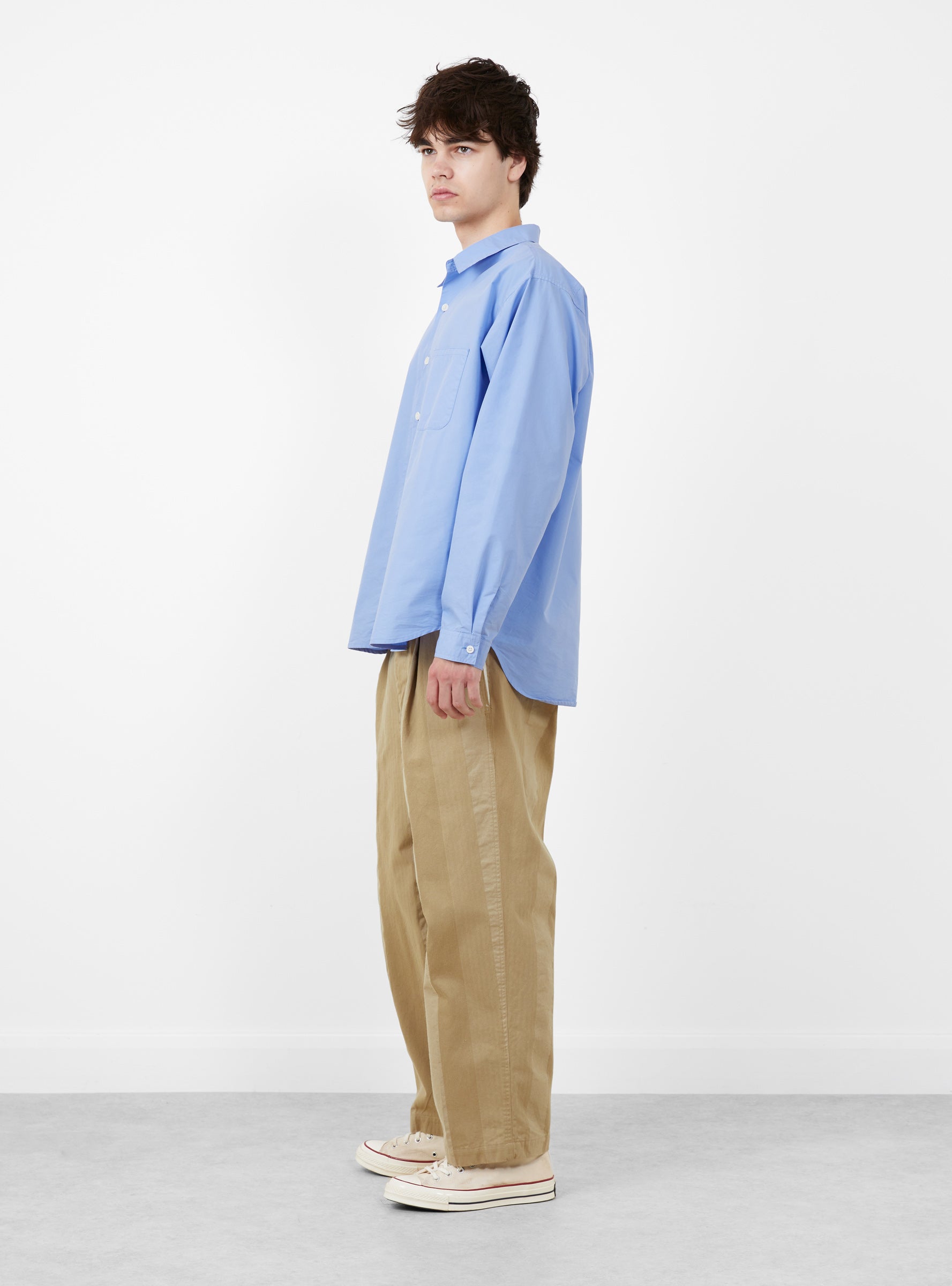 Made in Japan Grande Crown Shirt Blue TDR (model side) at Couverture & The Garbstore