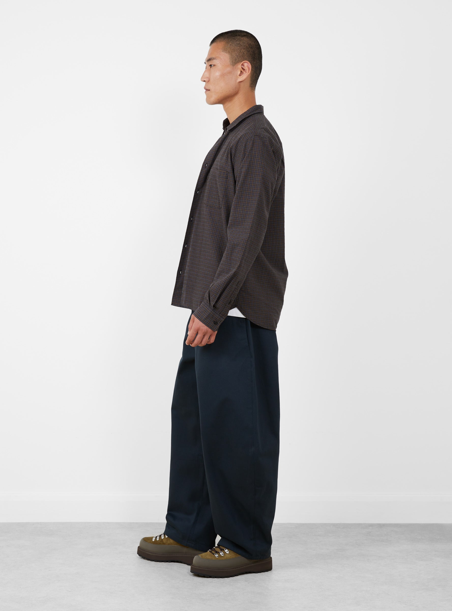 M Curtis Shirt Grey Check Grey Check YMC You Must Create (model side) at Couverture & The Garbstore