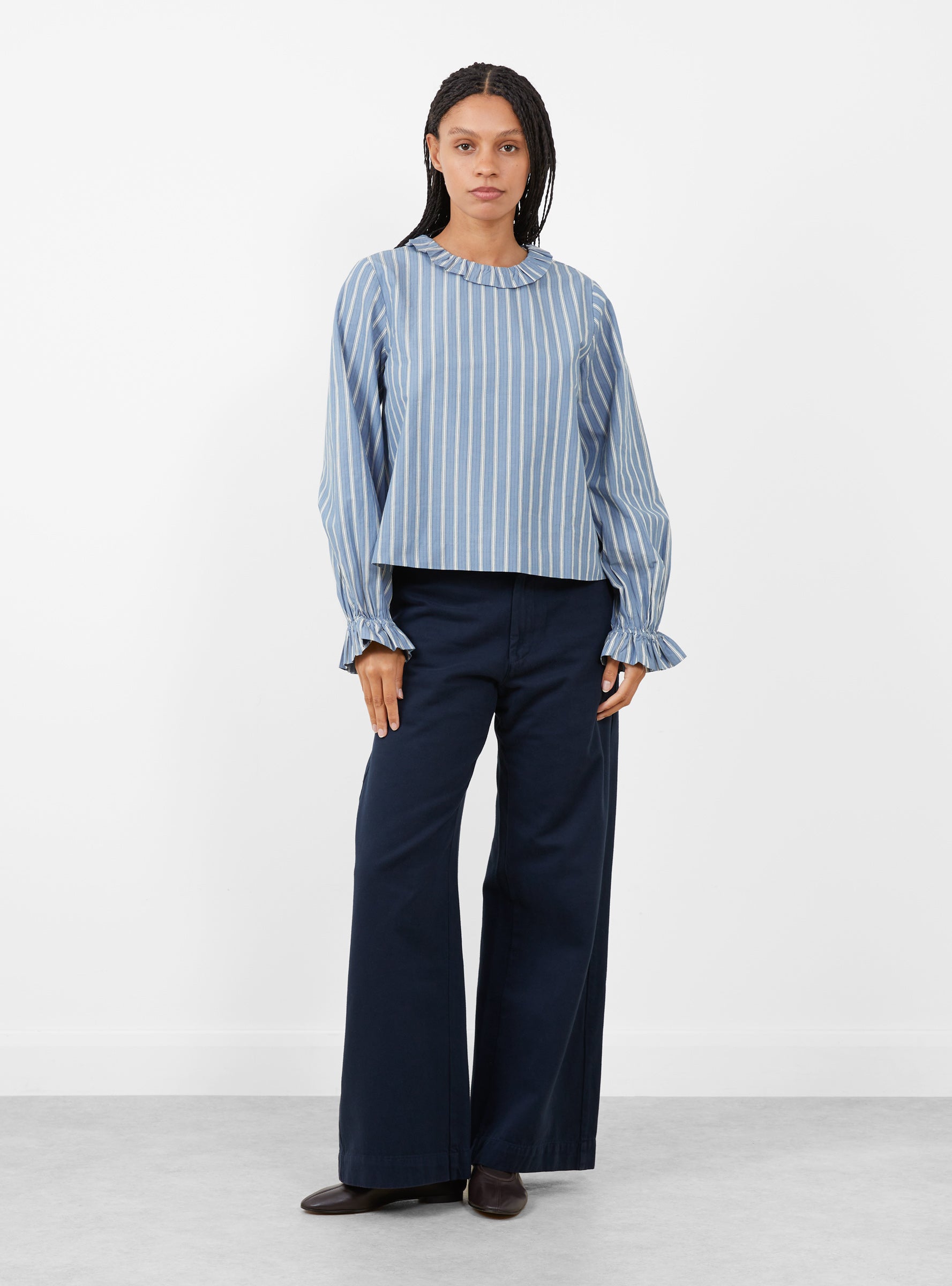 Cornflower-Blouse-Blue_-Black-and-White-Stripe-Blue_-Black-and-White-Stripe-SKALL-Model_Front_View at Couverture & The Garbstore