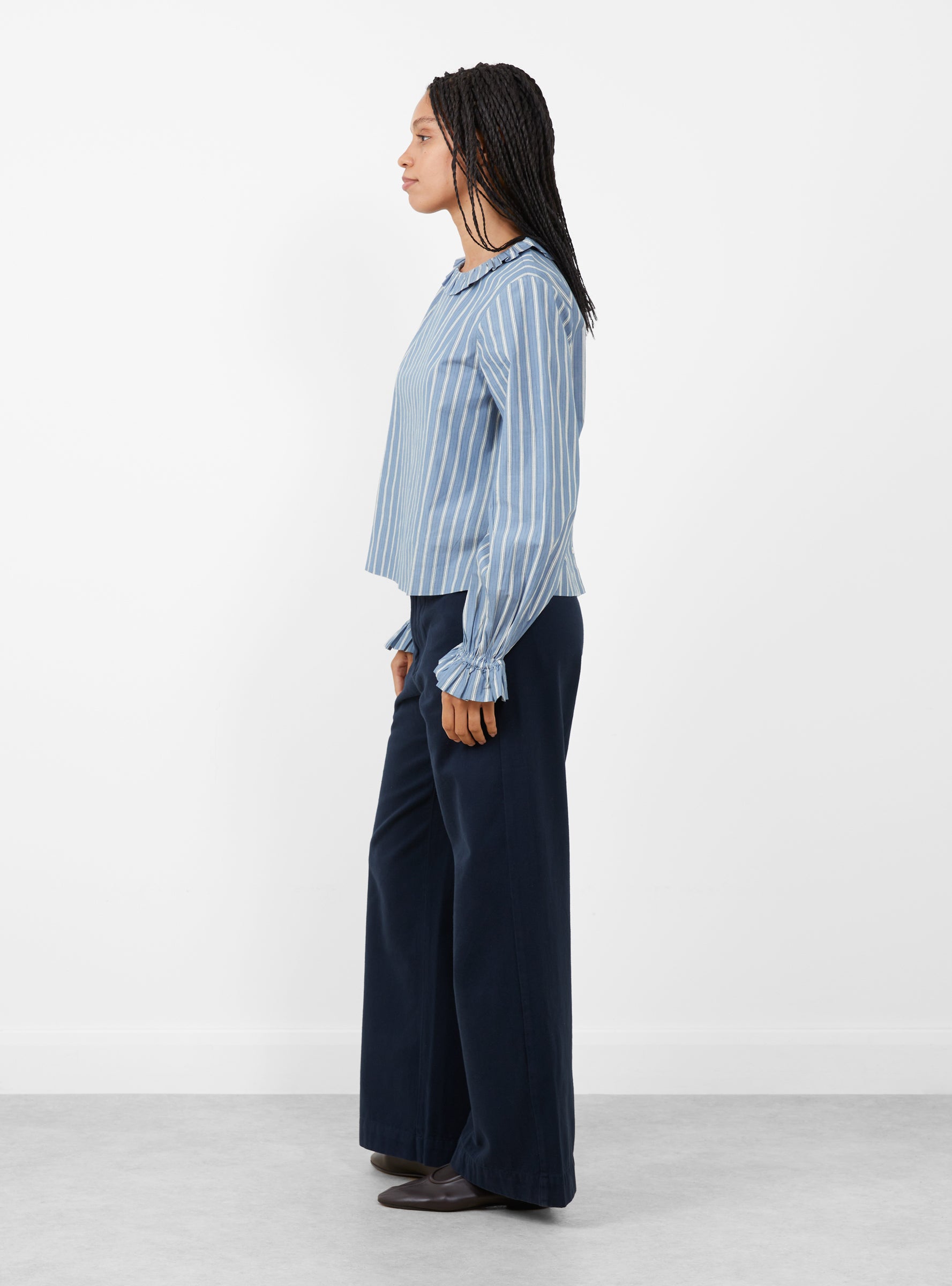 Cornflower-Blouse-Blue_-Black-and-White-Stripe-Blue_-Black-and-White-Stripe-SKALL-Model_Side_View at Couverture & The Garbstore