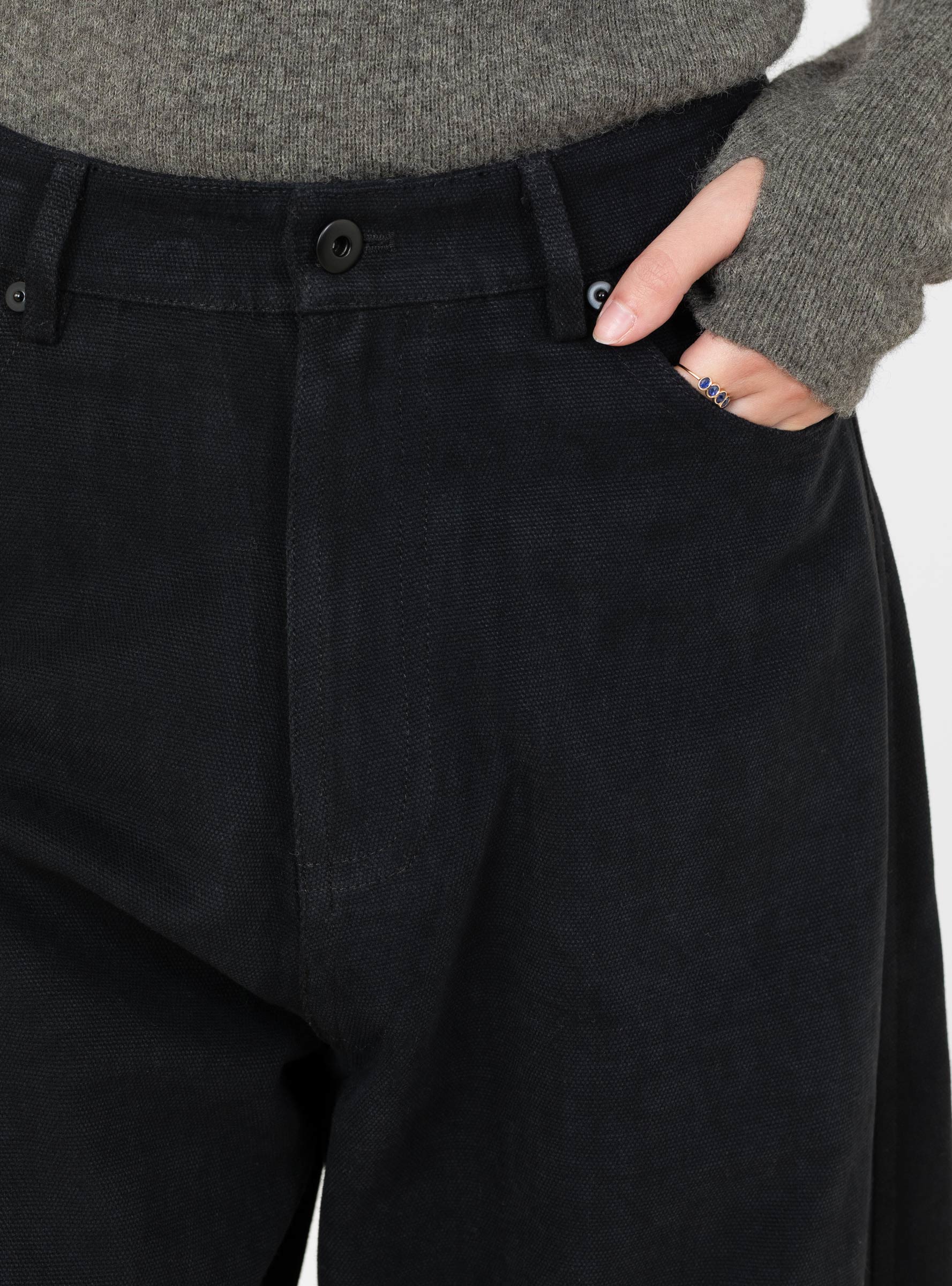 Signature_Curved_Leg_Work_Trouser_Black_Black_7115_Model_Close-Up at Couverture & The Garbstore