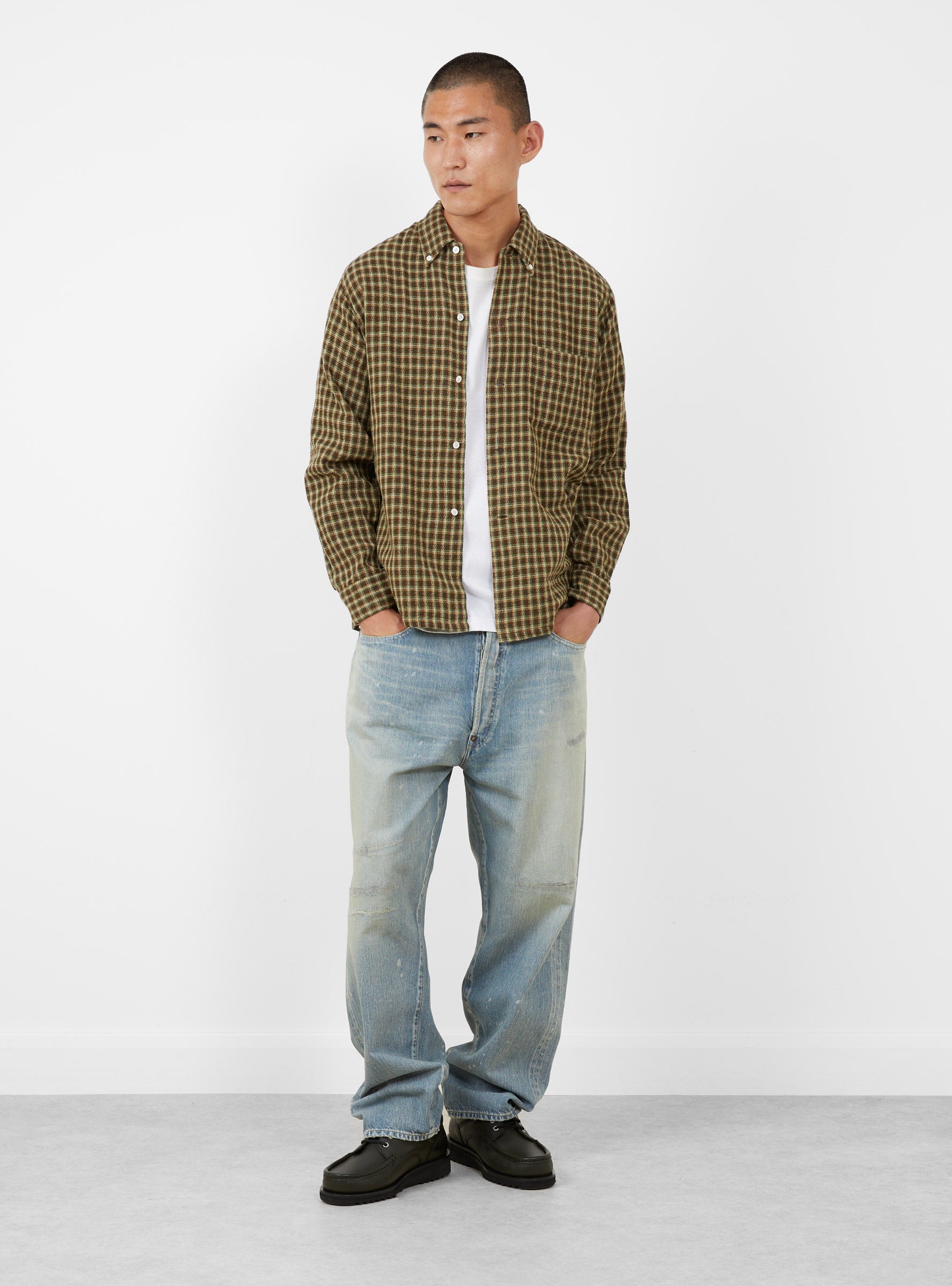 Open B.D. Panama Plaid Double Face Brown BEAMS PLUS (model front) at Couverture & The Garbstore