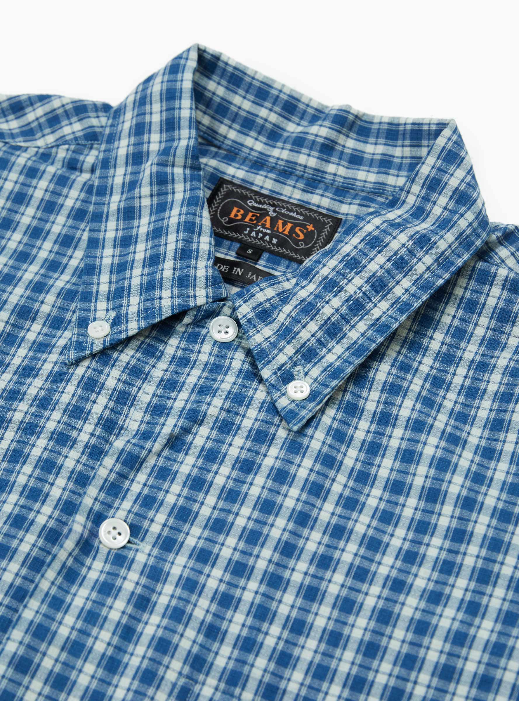 Open B.D. Indigo Dobby Plaid Blue Blue BEAMS PLUS (Collar Detail) at Couverture & The Garbstore