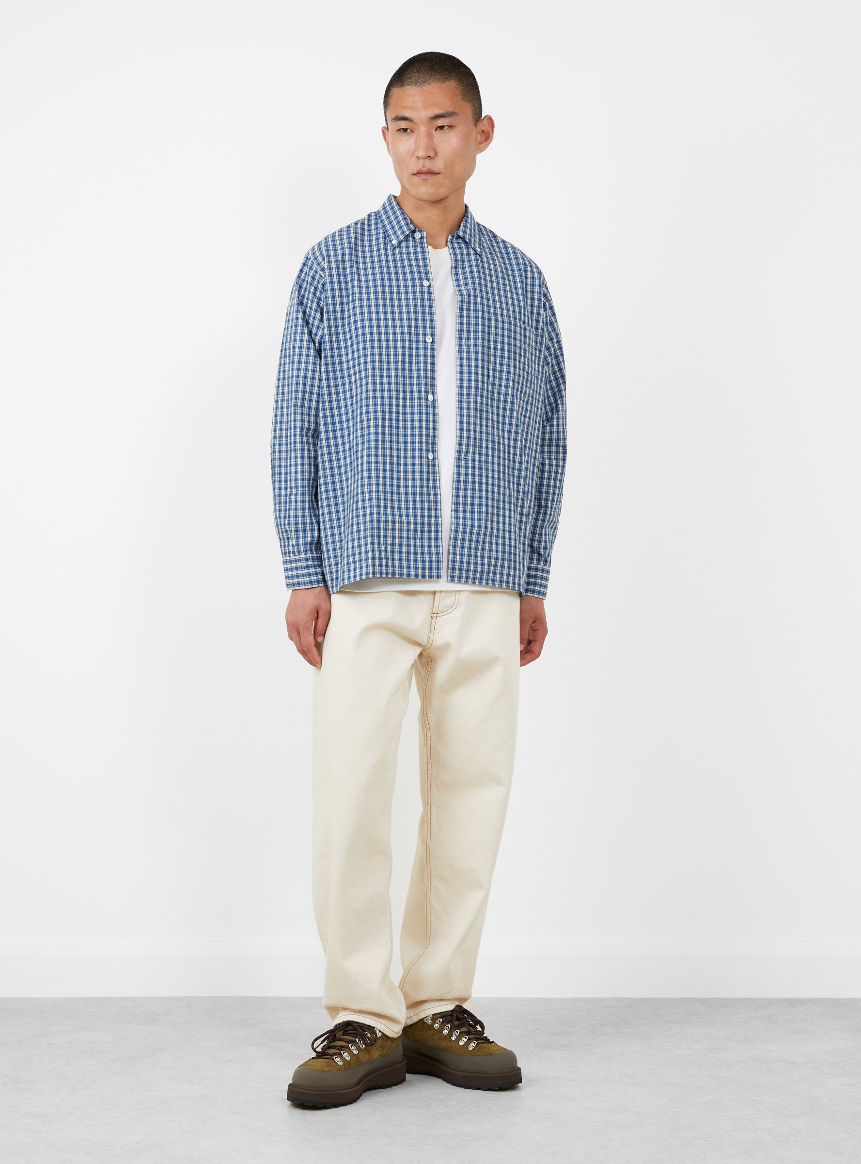 Open B.D. Indigo Dobby Plaid Blue Blue BEAMS PLUS (model front) at Couverture & The Garbstore