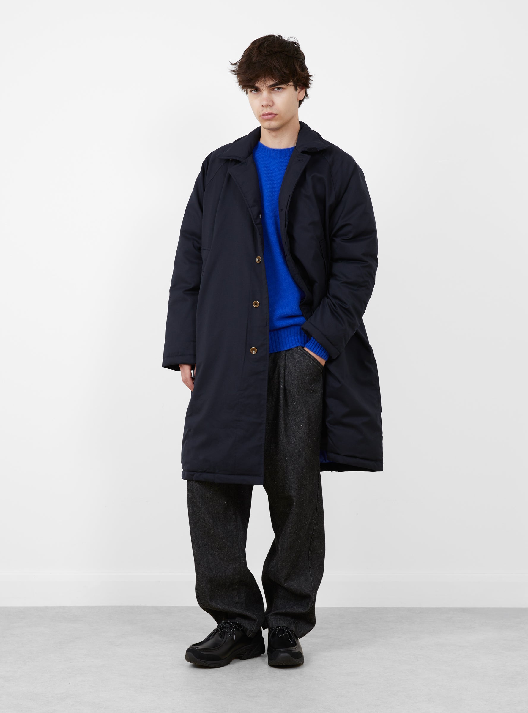 Lined Cordura Balmacaan Navy TDR (model front) at Couverture & The Garbstore