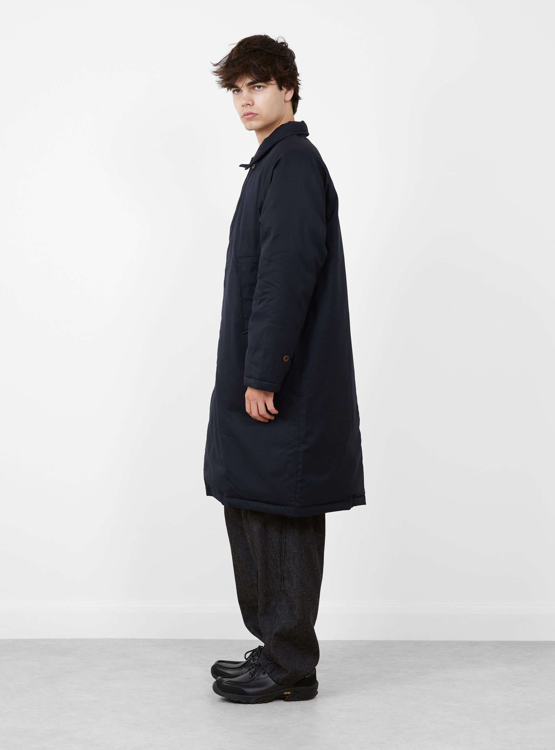 Lined Cordura Balmacaan Navy TDR (model side) at Couverture & The Garbstore