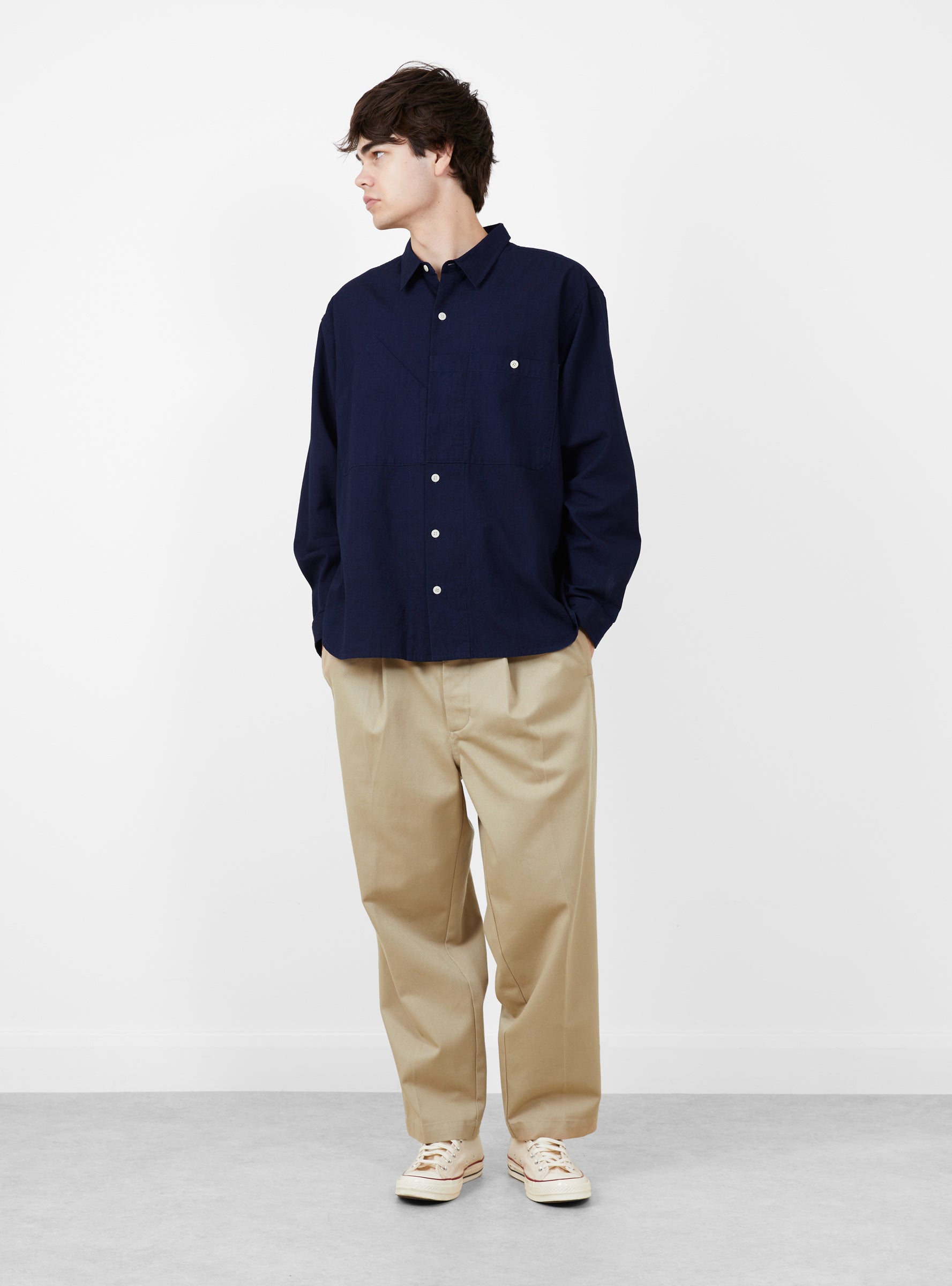 Chambray Working Shirt Indigo TDR (model front) at Couverture & The Garbstore