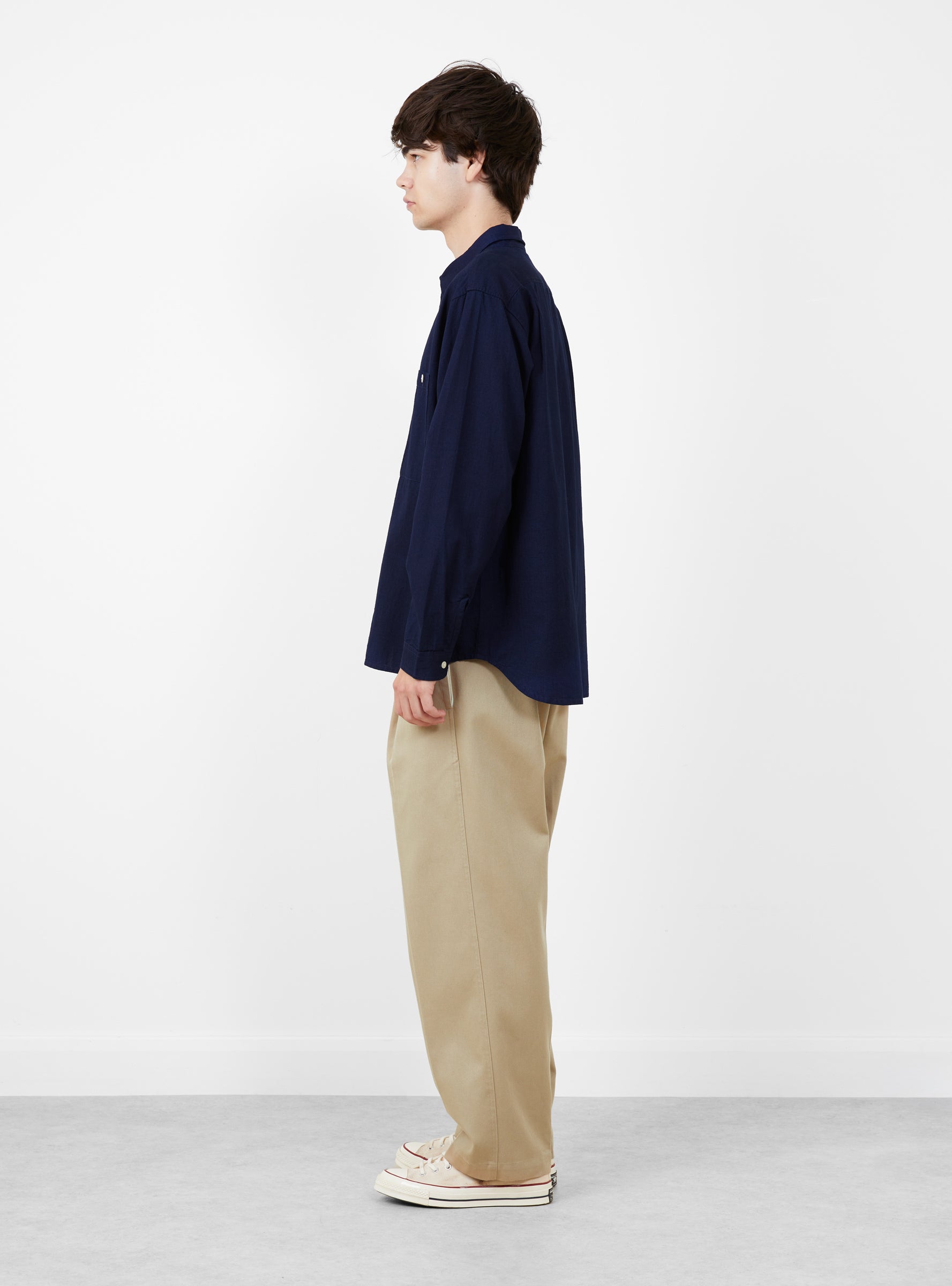 Chambray Working Shirt Indigo TDR (model side) at Couverture & The Garbstore