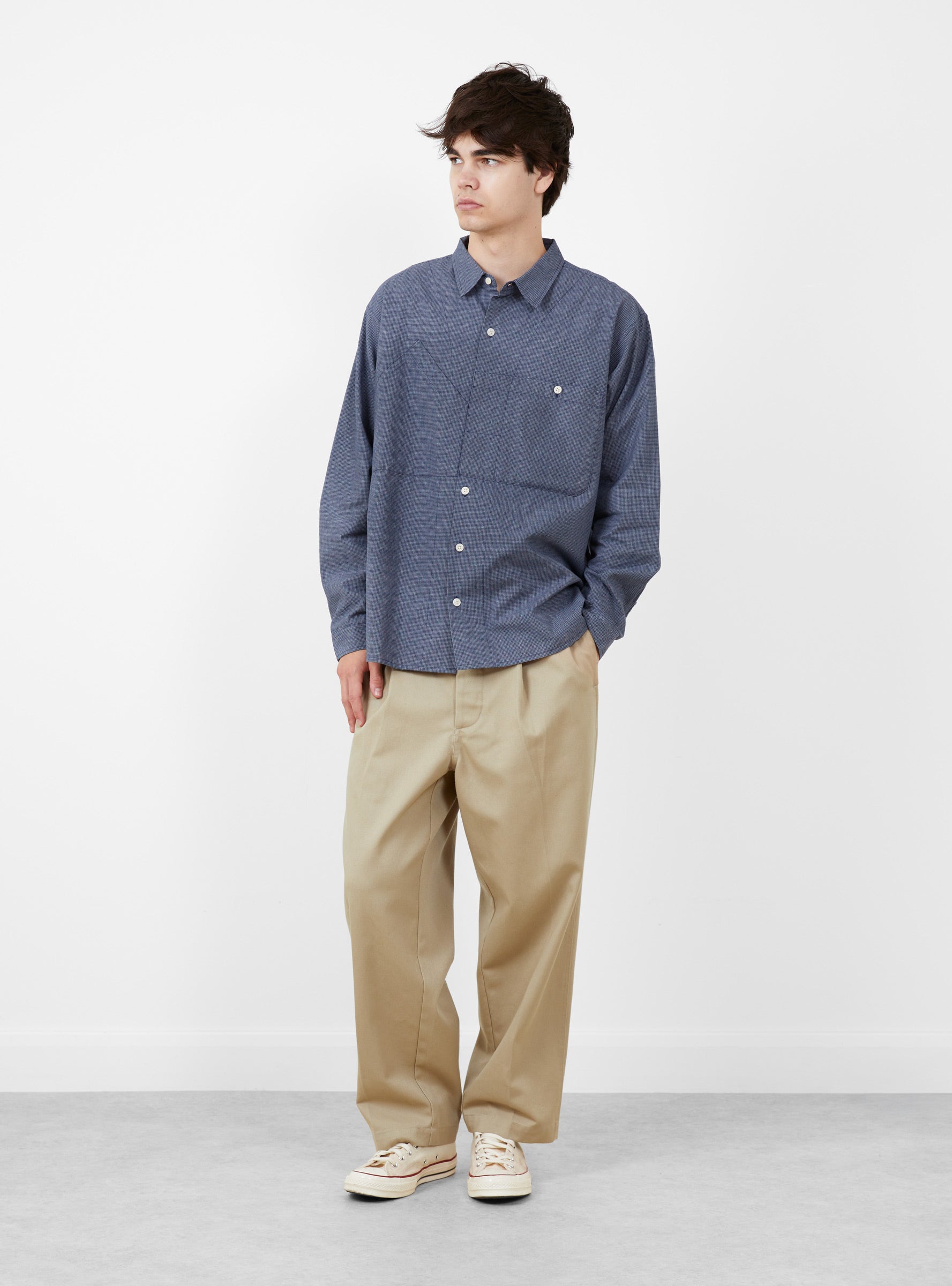 Gingham Working Shirt Blue TDR (model front) at Couverture & The Garbstore