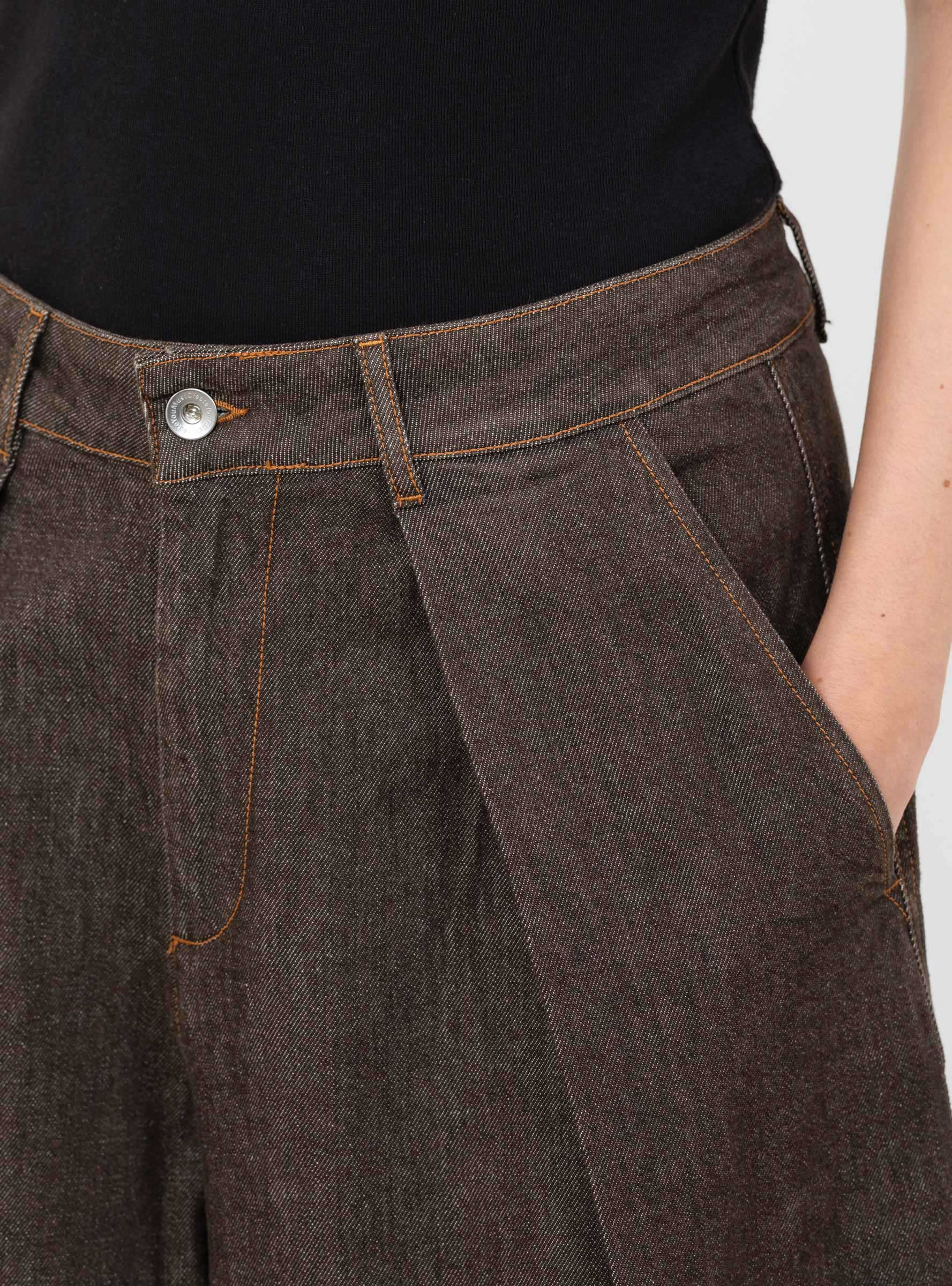 W_Deadbeat_Trouser_Brown_Denim_Brown_Denim_YMC_Model_Close-Up at Couverture & The Garbstore