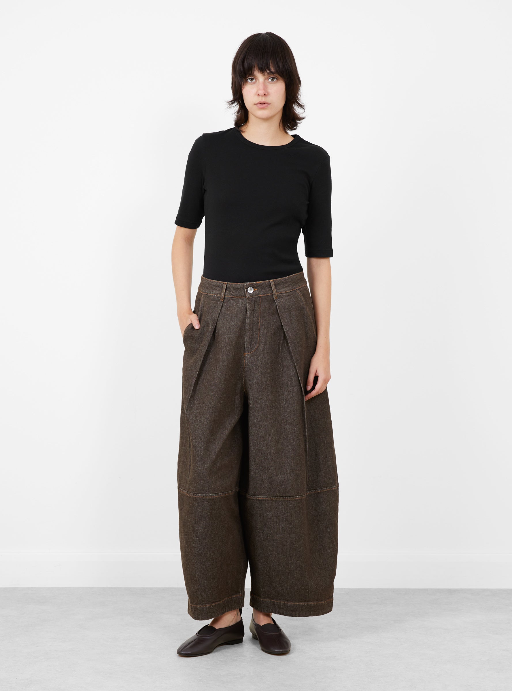 W_Deadbeat_Trouser_Brown_Denim_Brown_Denim_YMC_Model_Front at Couverture & The Garbstore