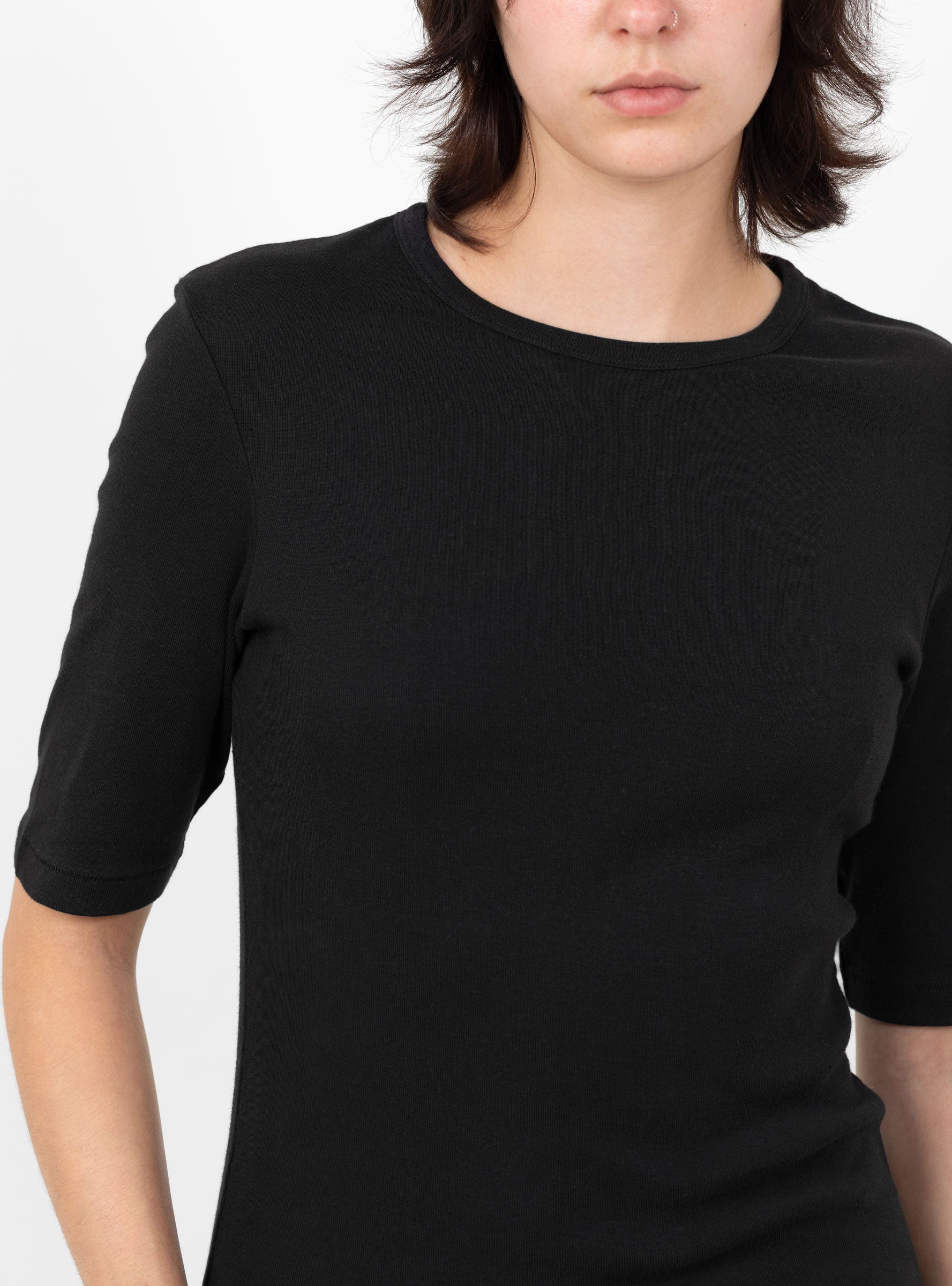 W_Charlotte_Short_Sleeve_Top_Black_Black_YMC_Model_Close-Up at Couverture & The Garbstore
