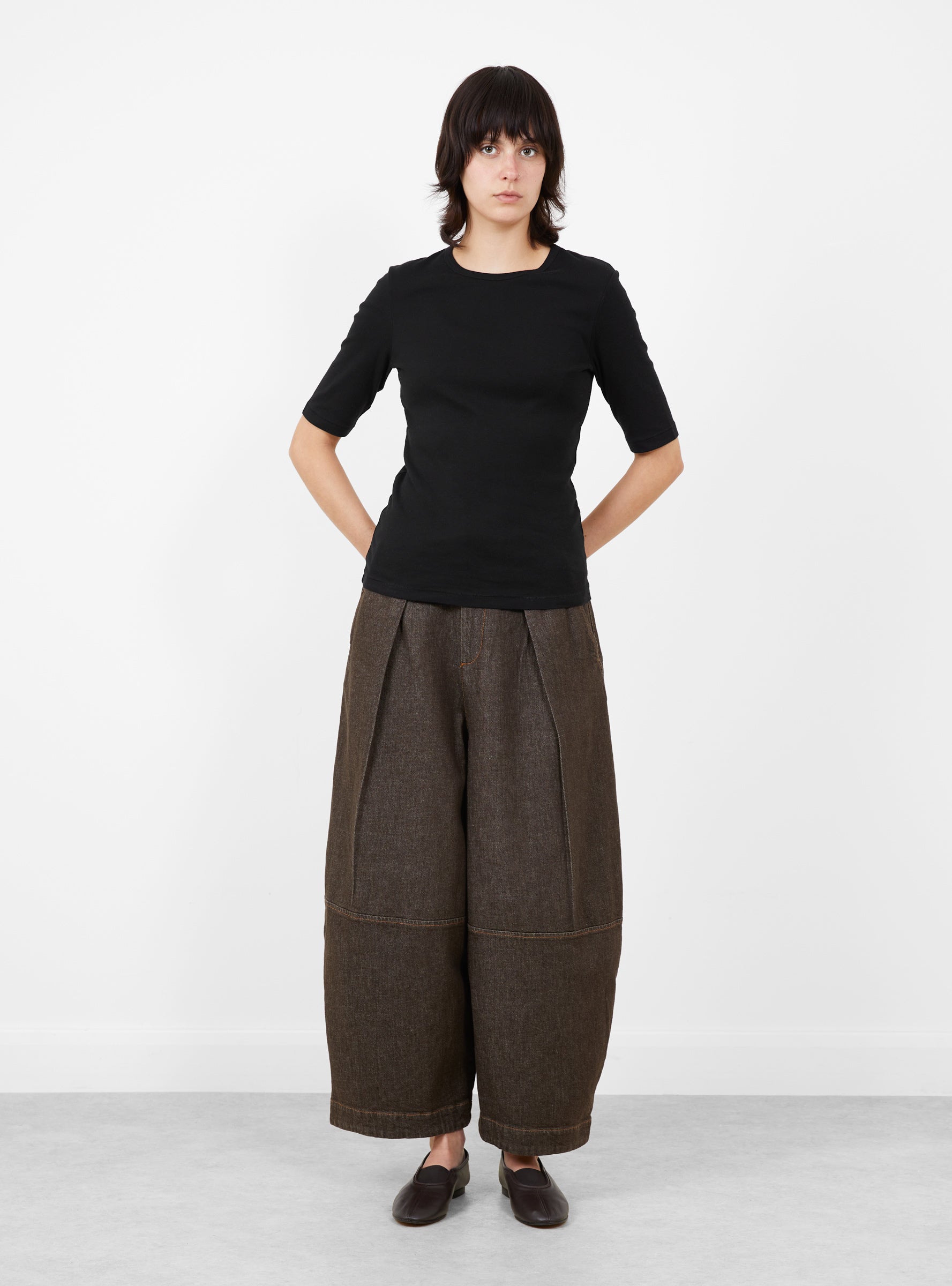 W_Charlotte_Short_Sleeve_Top_Black_Black_YMC_Model_Front at Couverture & The Garbstore