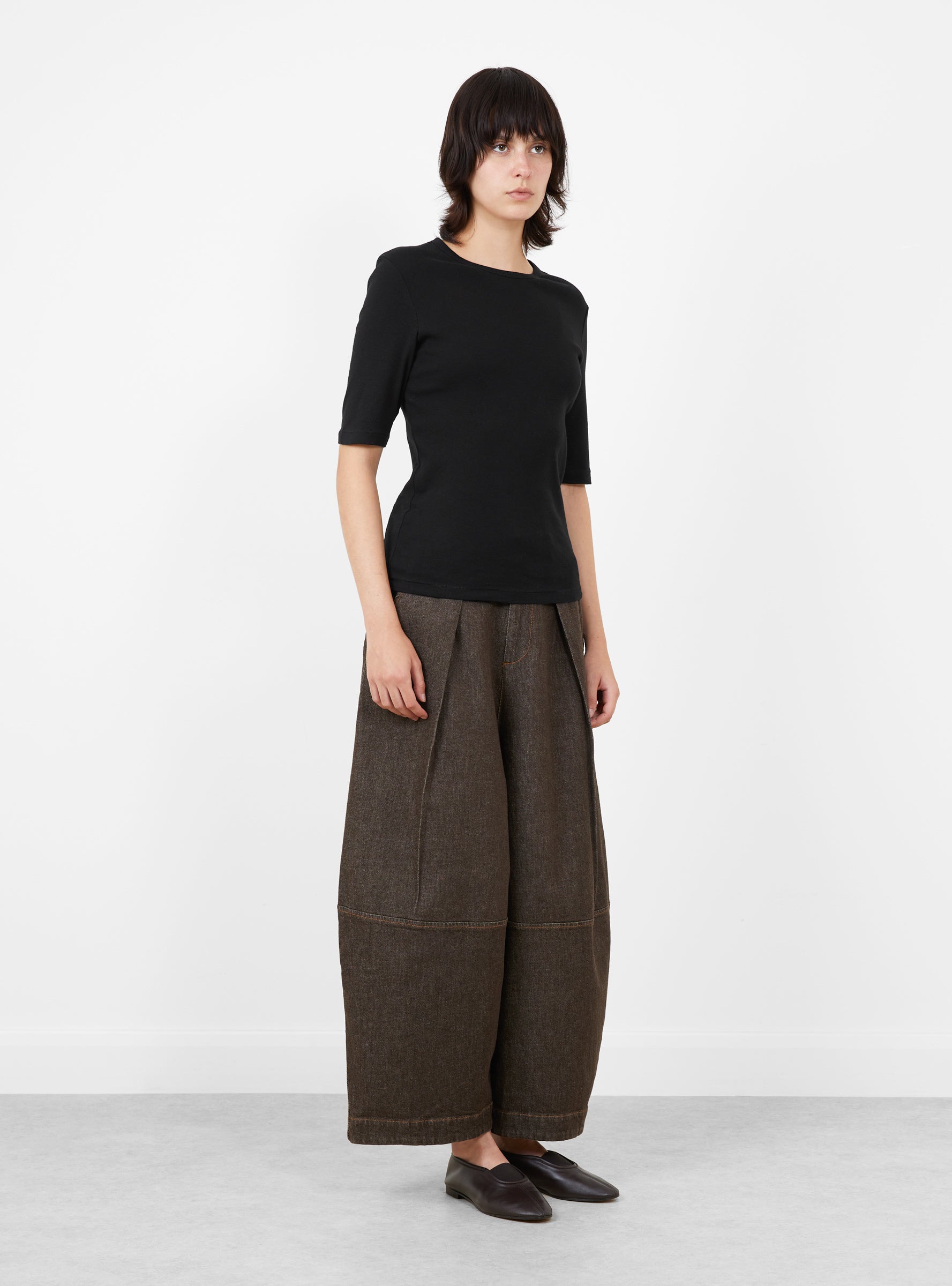 W_Charlotte_Short_Sleeve_Top_Black_Black_YMC_Model_Side at Couverture & The Garbstore