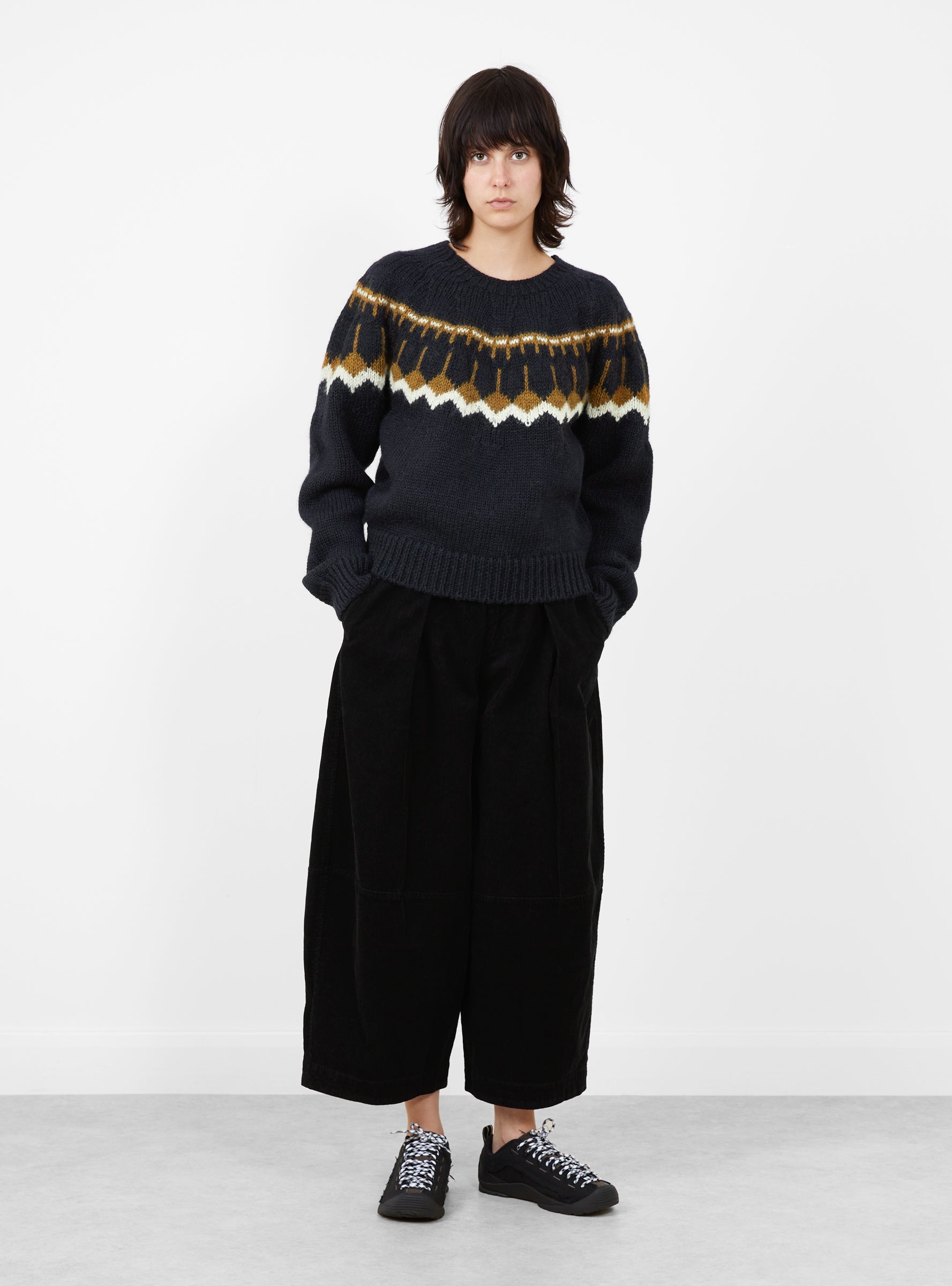 W_Mini_Jeepster_Knit_Navy_Multi_Navy_Multi_YMC_Model_Front at Couverture & The Garbstore