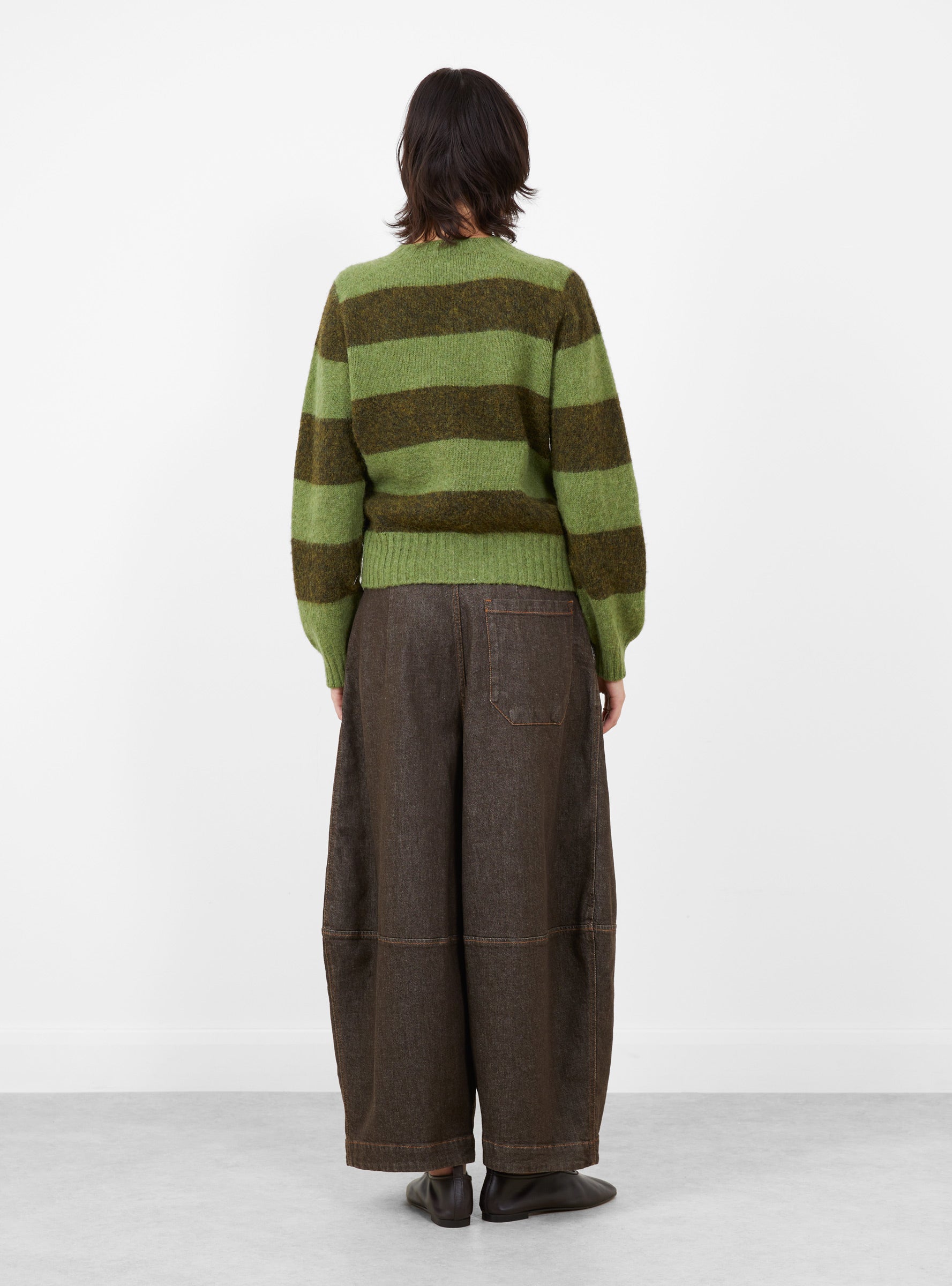 W_Jets_Stripe_Crew_Neck_Knit_Green_Green_YMC_Model_Back at Couverture & The Garbstore