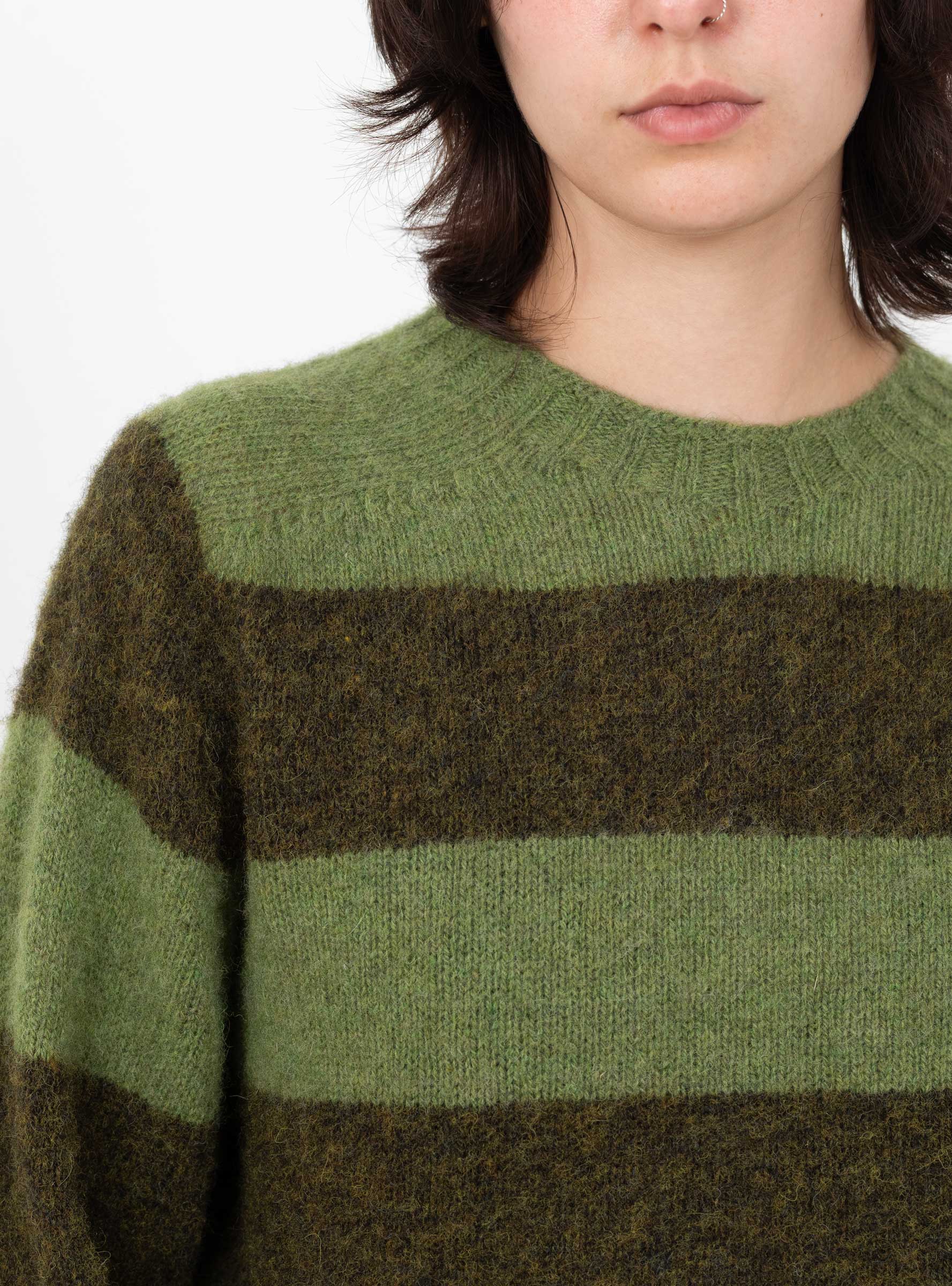 W_Jets_Stripe_Crew_Neck_Knit_Green_Green_YMC_Model_Close-Up at Couverture & The Garbstore