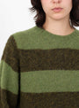 W_Jets_Stripe_Crew_Neck_Knit_Green_Green_YMC_Model_Close-Up at Couverture & The Garbstore