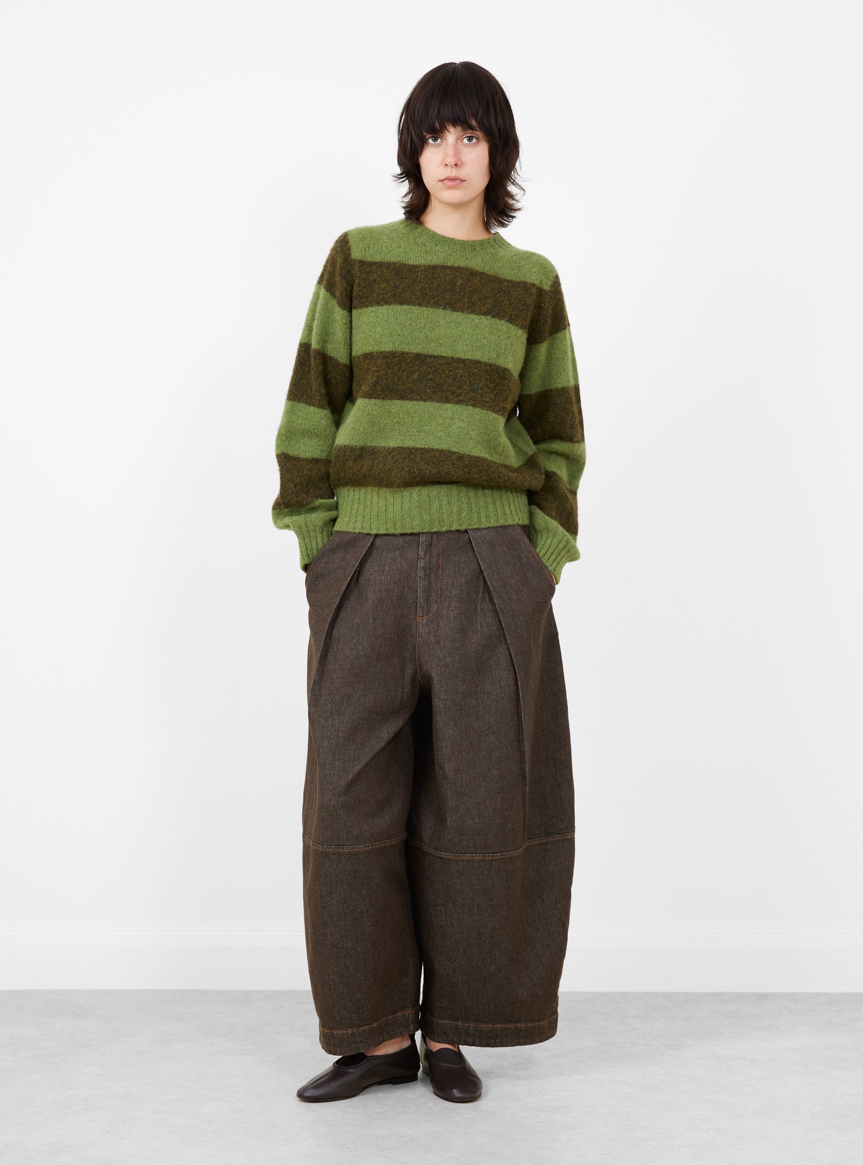 W_Jets_Stripe_Crew_Neck_Knit_Green_Green_YMC_Model_Front at Couverture & The Garbstore