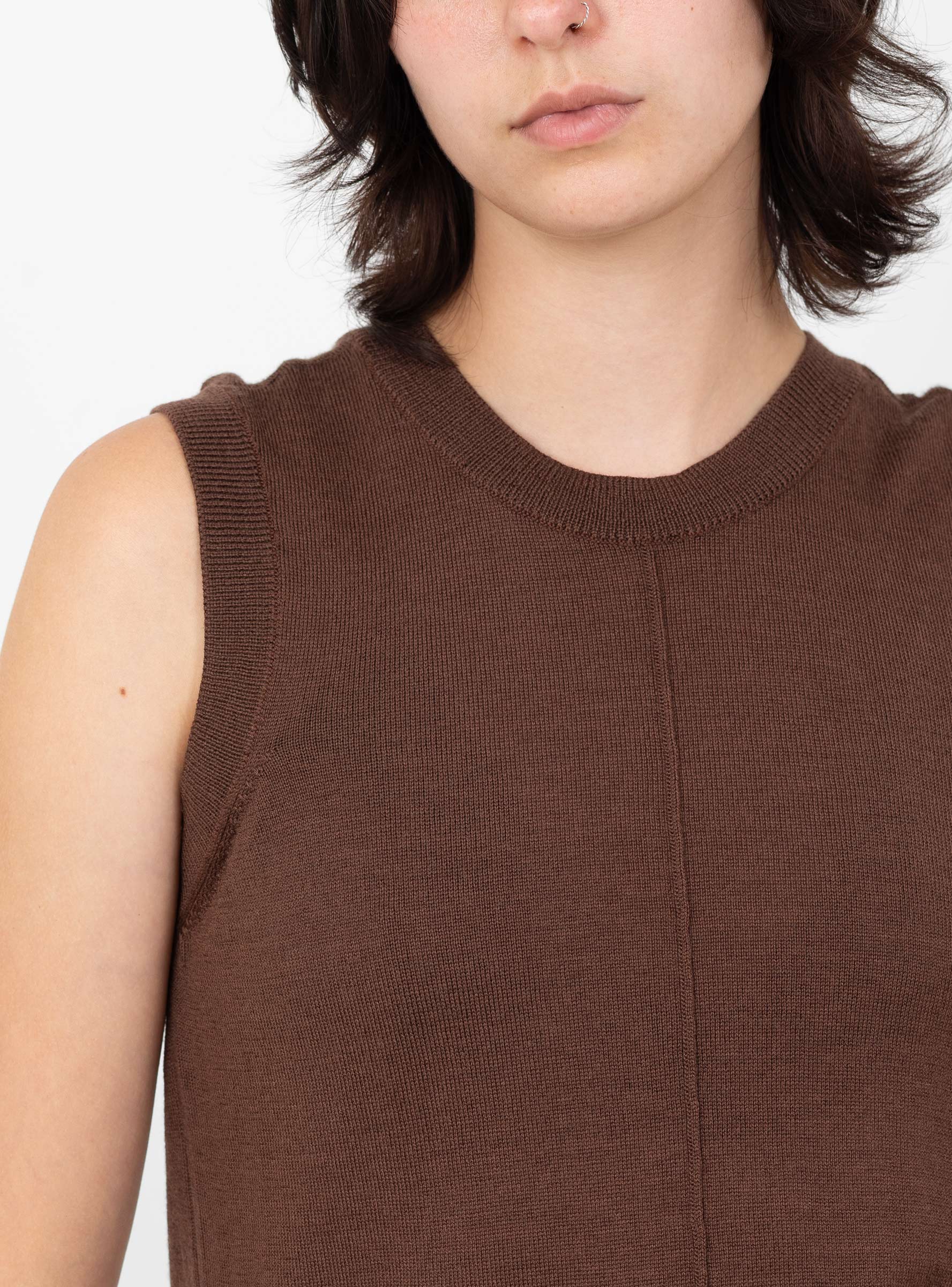 W_Dot_Vest_Knit_Dark_Brown_Dark_Brown_YMC_Model_Close-Up at Couverture & The Garbstore