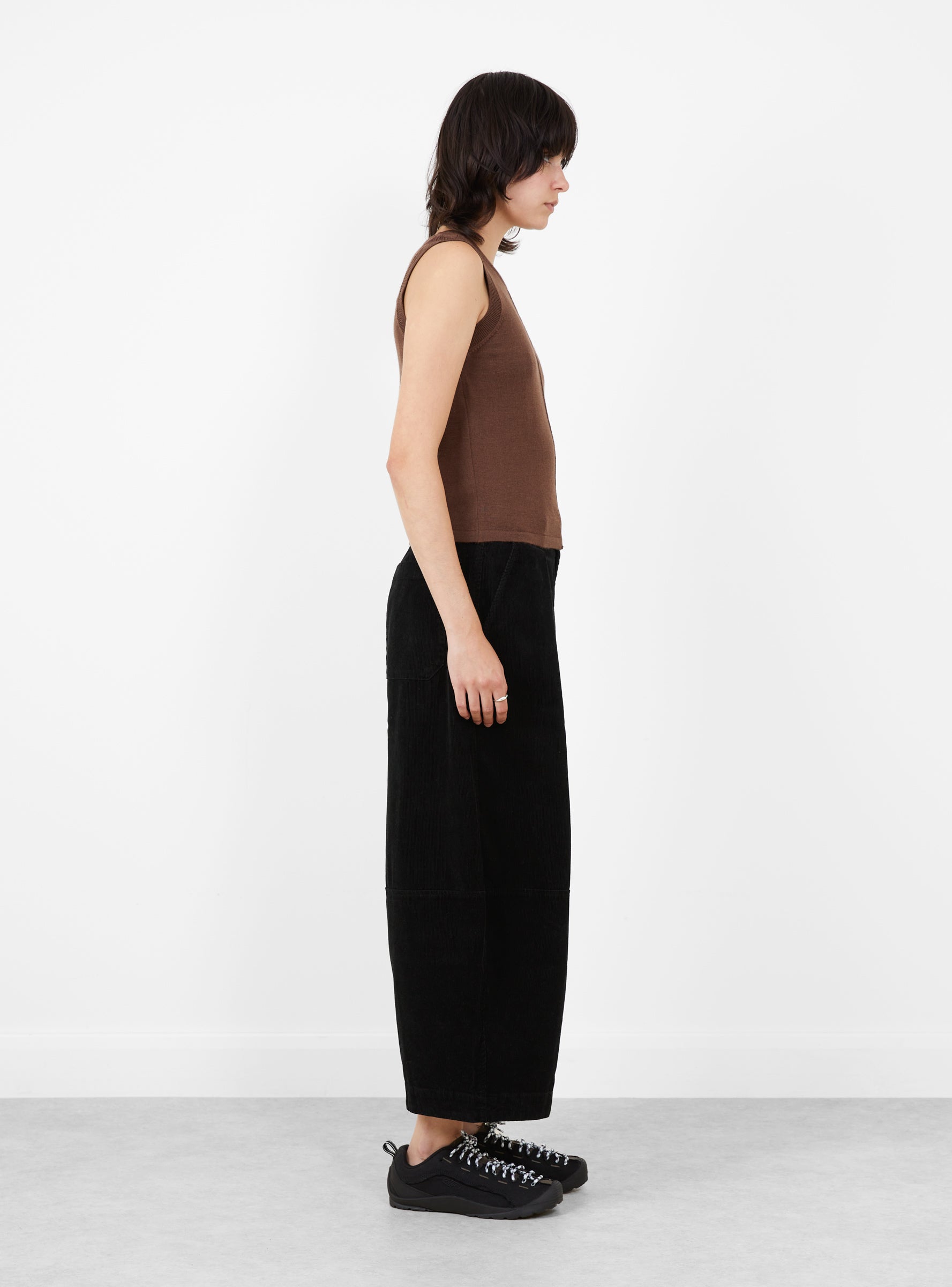 W_Dot_Vest_Knit_Dark_Brown_Dark_Brown_YMC_Model_Side at Couverture & The Garbstore