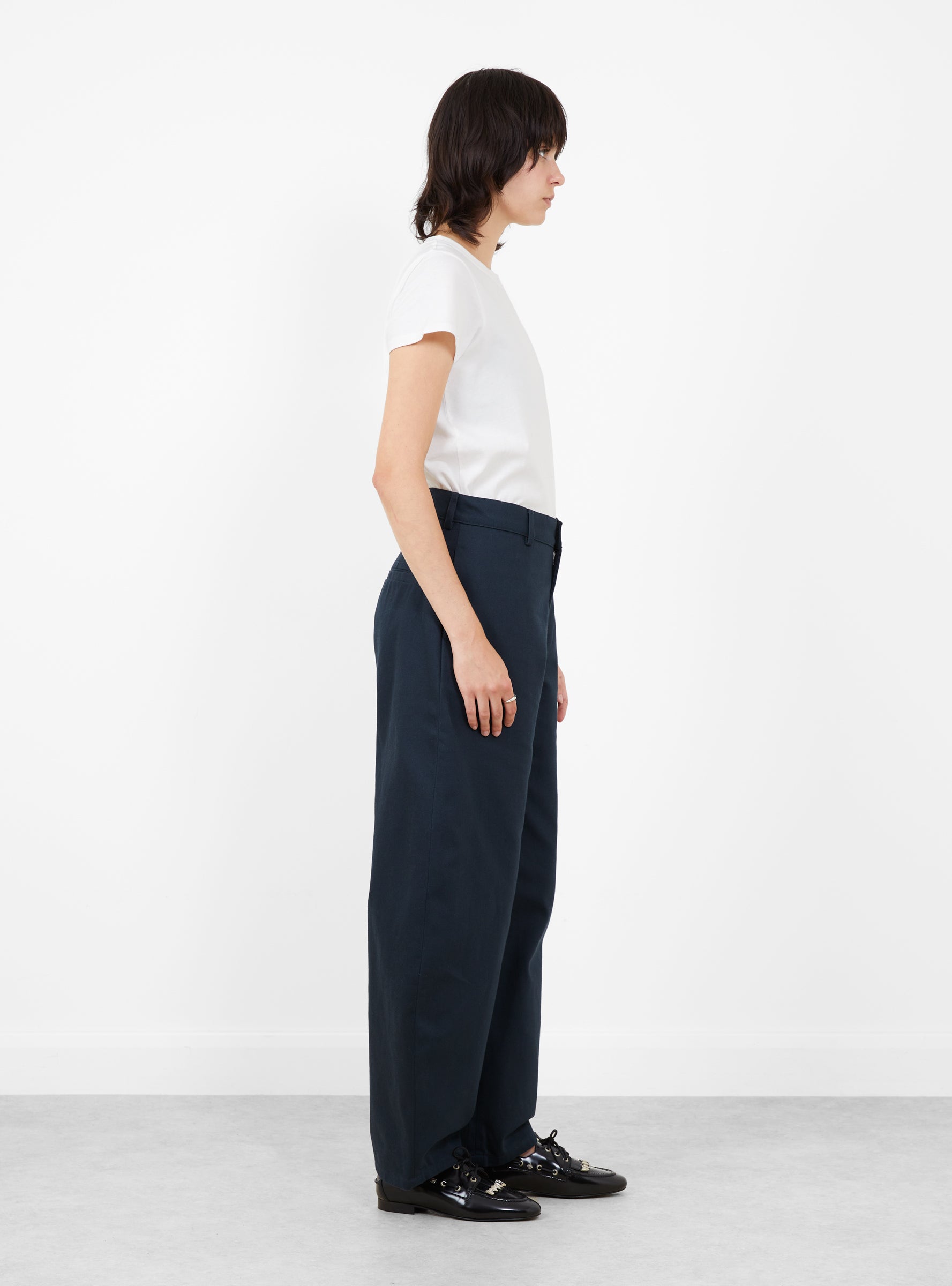 W_Like_A_Trouser_Navy_Cotton_Drill_Navy_YMC_Model_Side at Couverture & The Garbstore