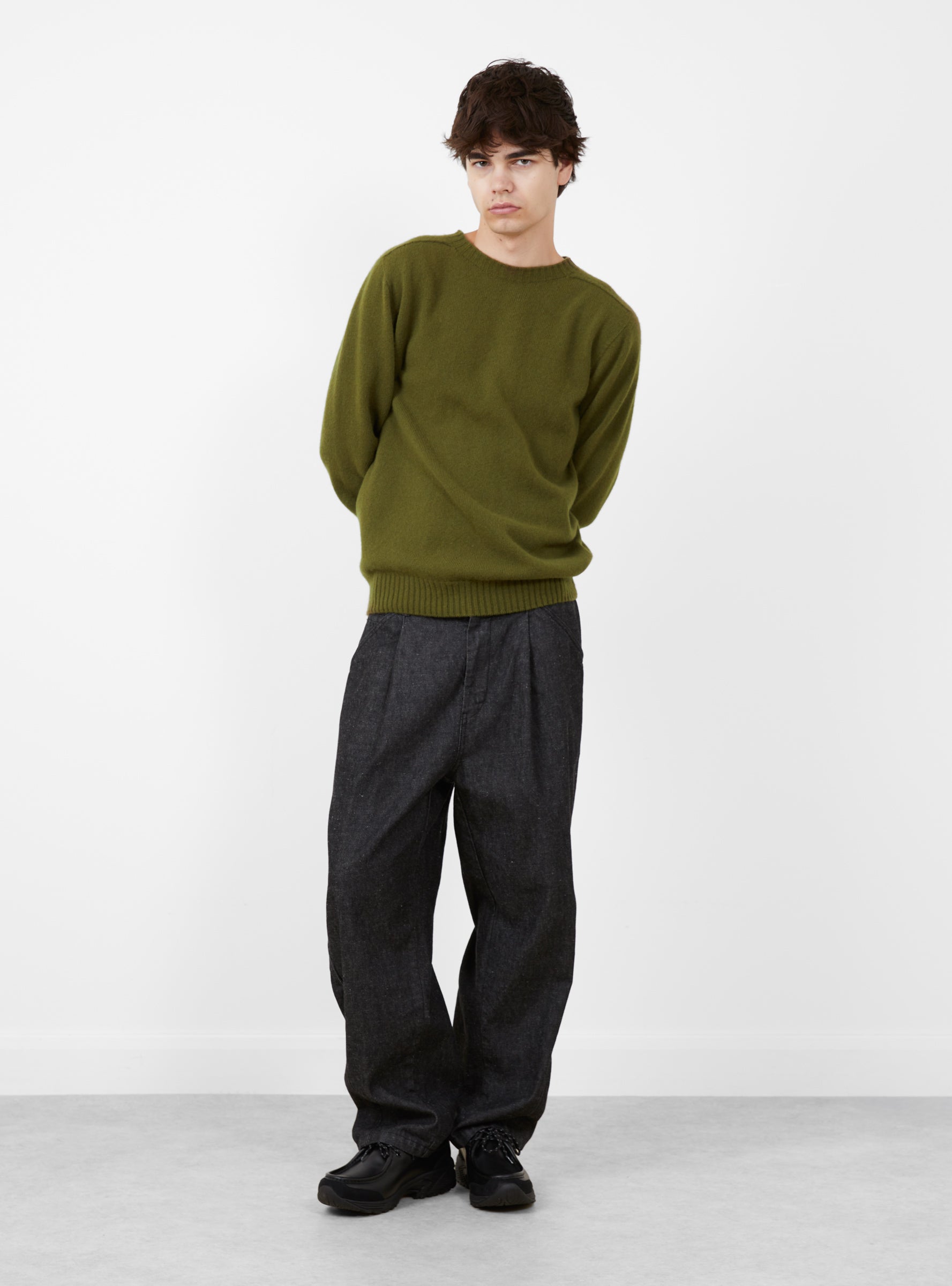 Seamless Lambswool Crew Olive Green TDR (Model Front) at Couverture & The Garbstore