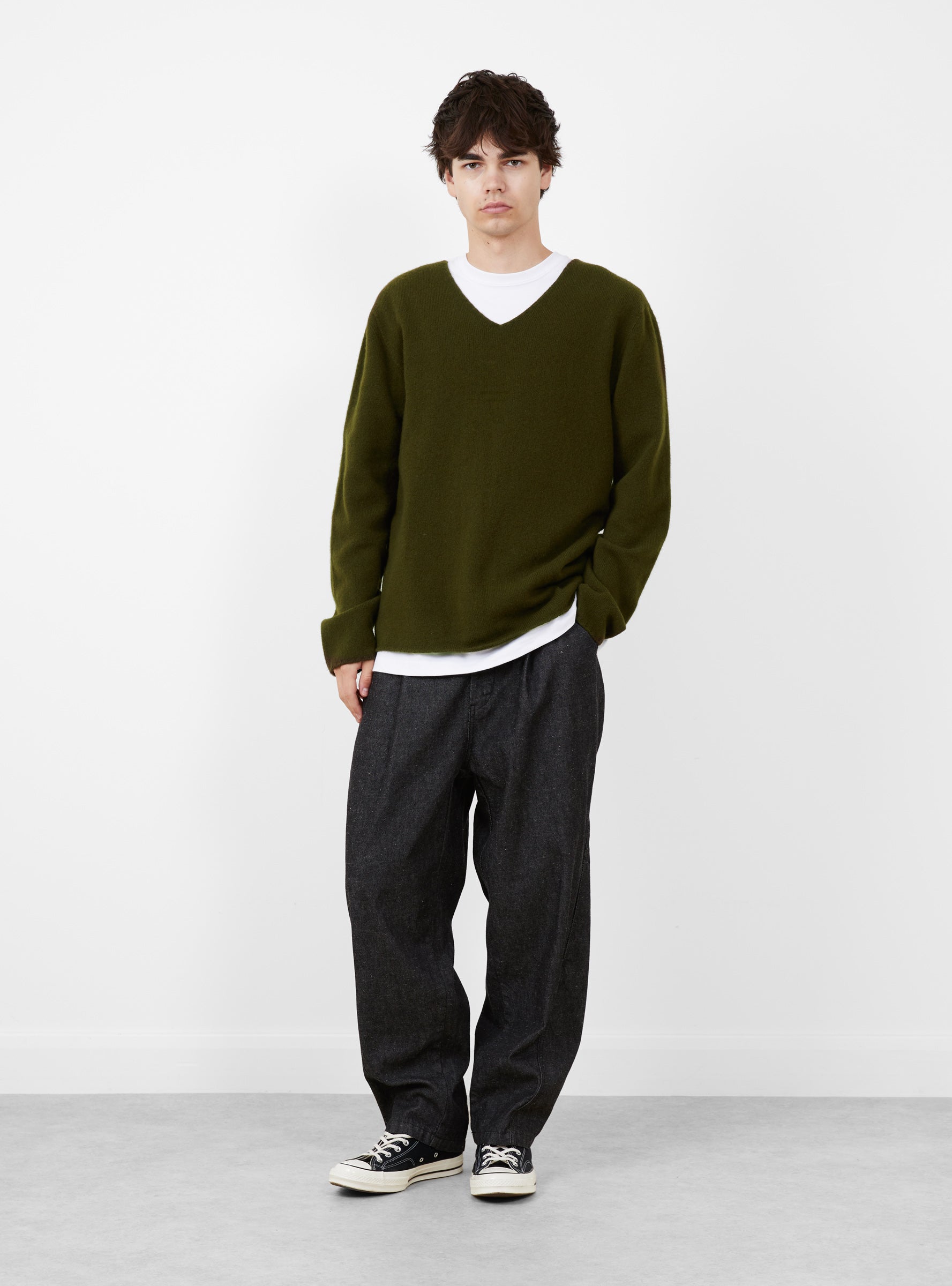 Seamless Lambswool V-Neck Tunic Military Green TDR (model front) at Couverture & The Garbstore