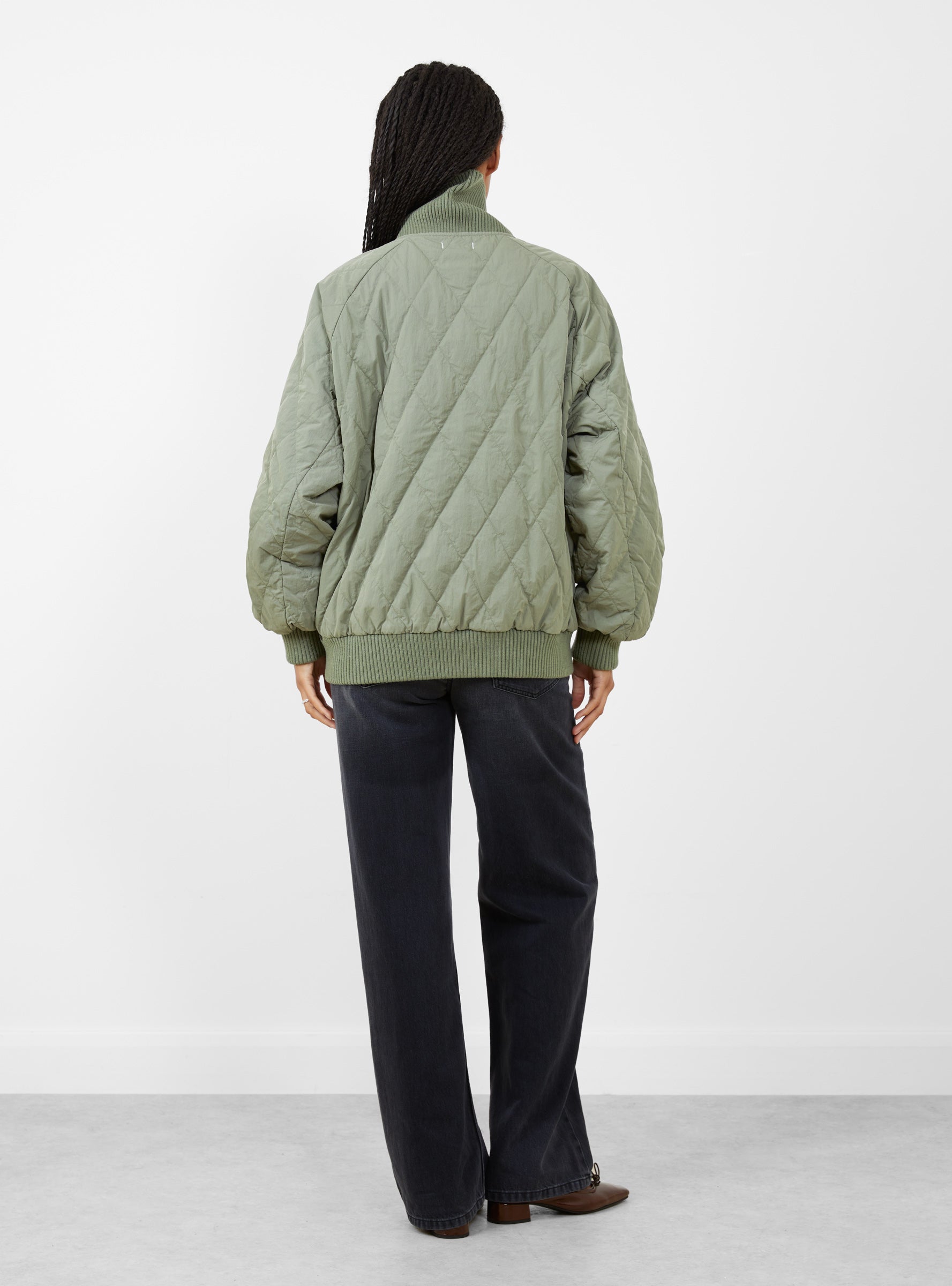 W Quilting Varsity Jacket Sage Green Sage Green Nanamica (model back) at Couverture & The Garbstore