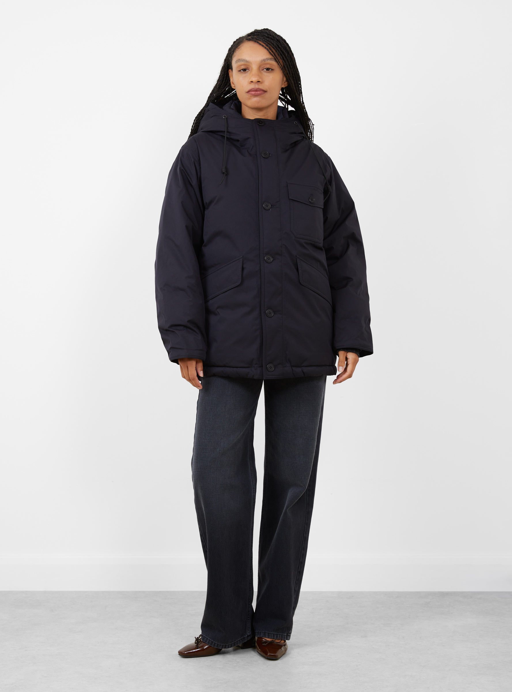 W 2L GORE-TEX Down Coat Navy Navy Nanamica (model front) at Couverture & The Garbstore