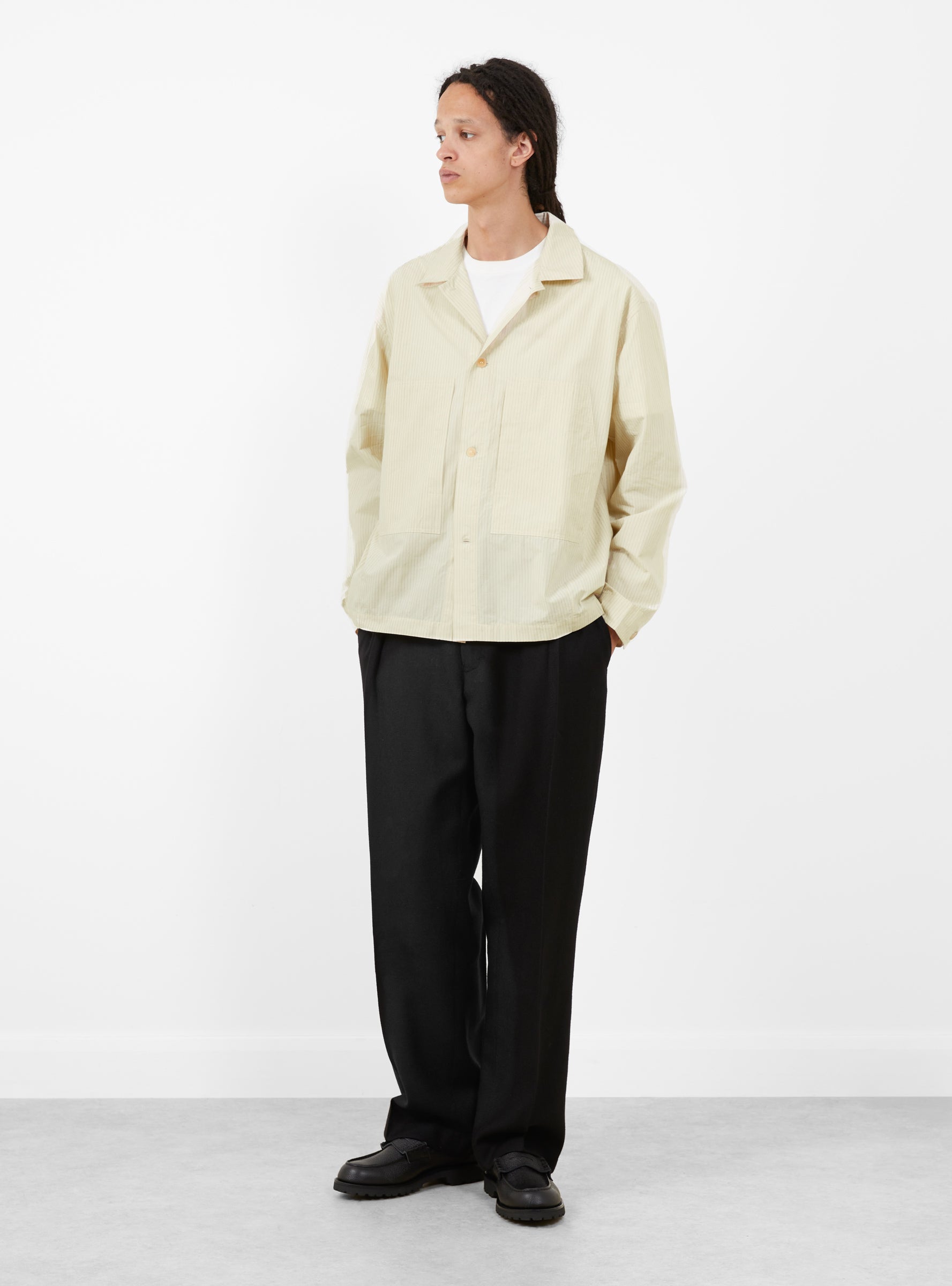 Chore Shirt Poplin Stripe WANZE (model front) at Couverture & The Garbstore