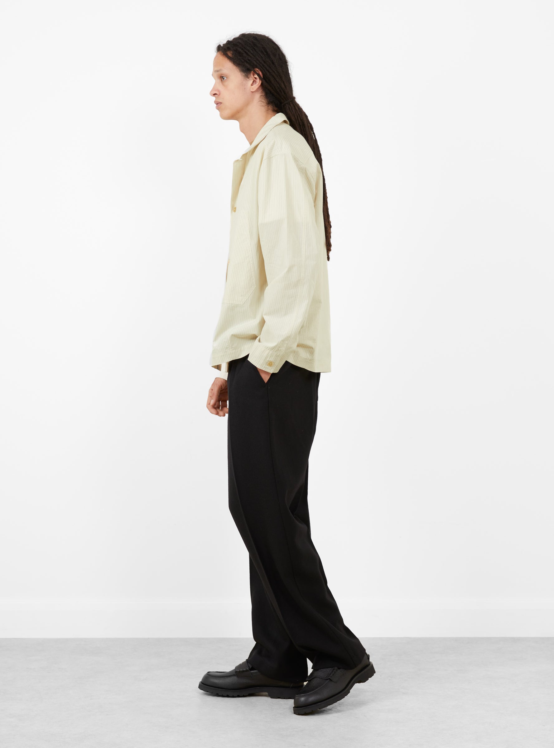 Chore Shirt Poplin Stripe WANZE (model side) at Couverture & The Garbstore