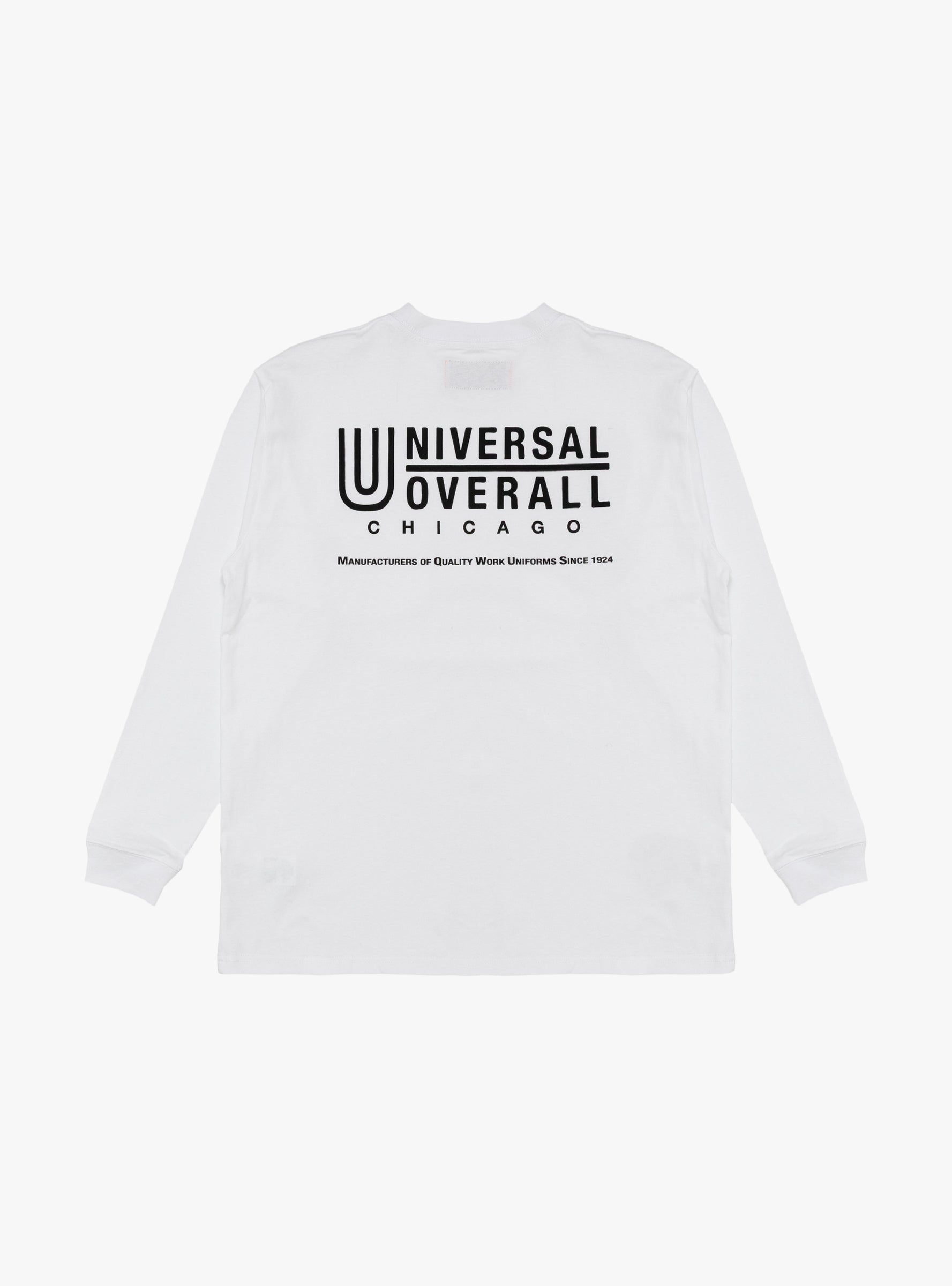 UO Back Logo LS Tee White UNIVERSAL OVERALL (back) at Couverture & The Garbstore