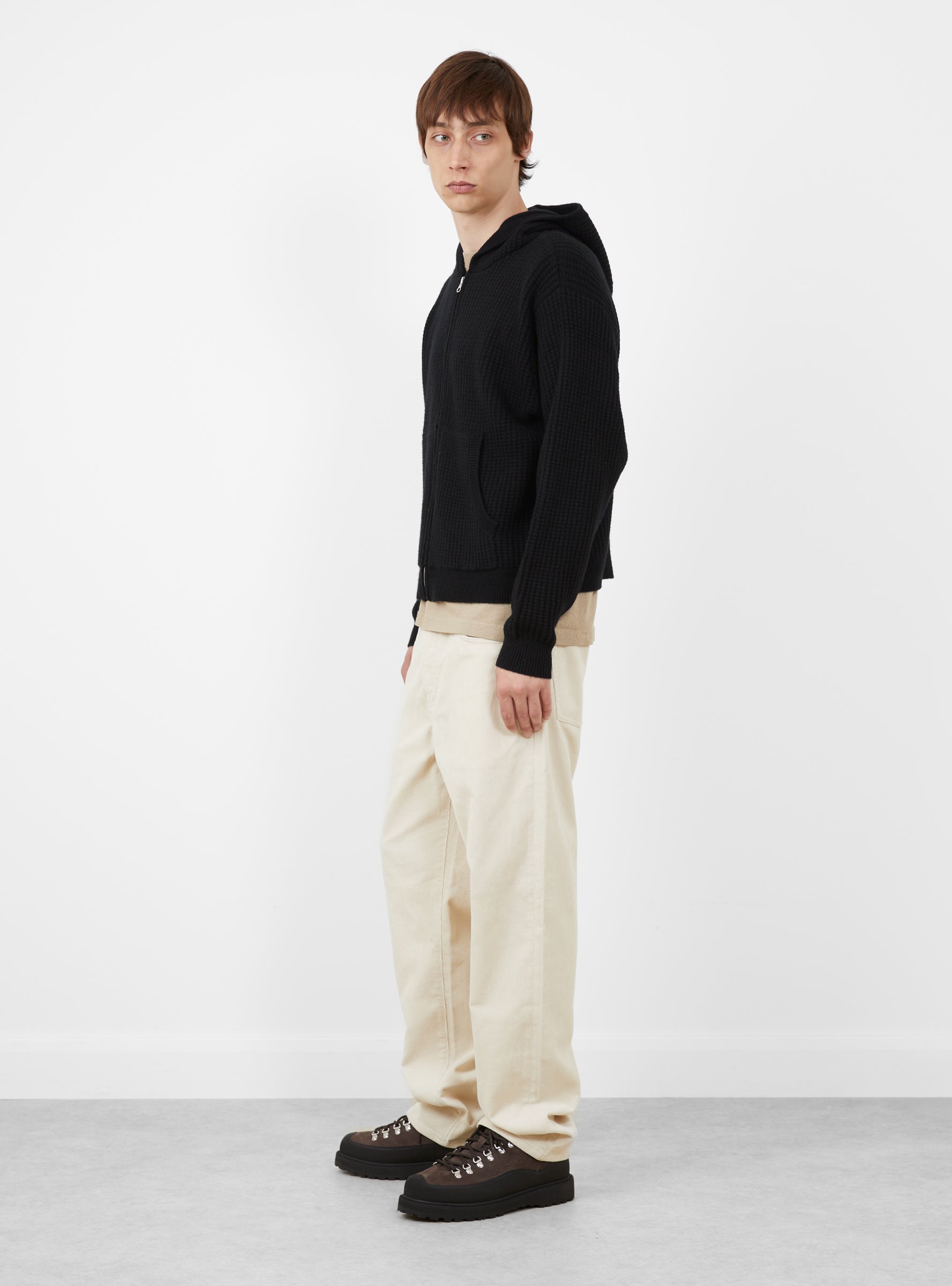 Waffle Cashmere Zip Hoodie Black Stussy (model side) at Couverture & The Garbstore
