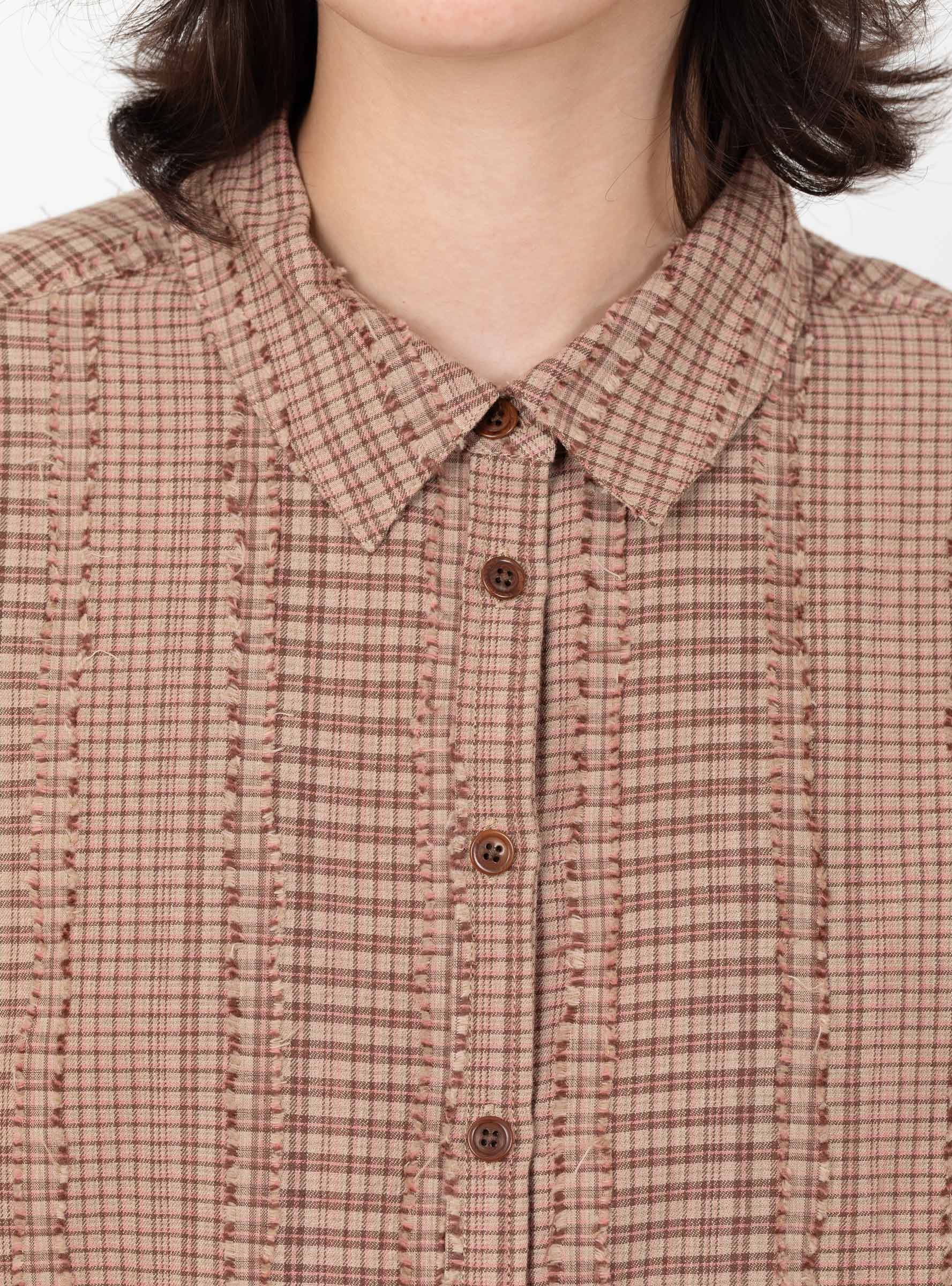 W_Marianne_Long_Sleeve_Shirt_Brown_Multi_Brown_Multi_YMC_Model_Close-Up at Couverture & The Garbstore
