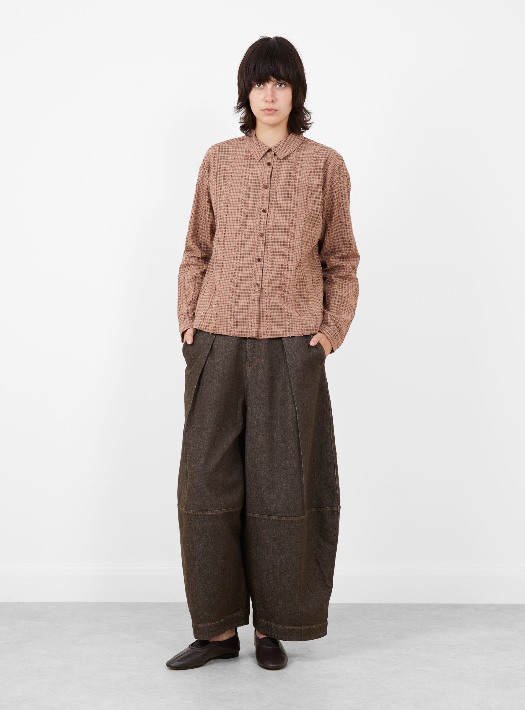 W_Marianne_Long_Sleeve_Shirt_Brown_Multi_Brown_Multi_YMC_Model_Front at Couverture & The Garbstore