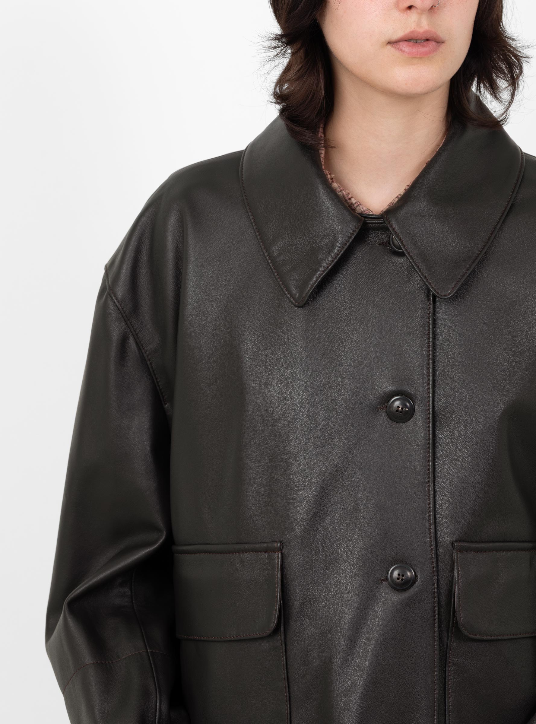 W_Edge_Leather_Jacket_Dark_Brown_Dark_Brown_YMC_Model_Close-Up at Couverture & The Garbstore