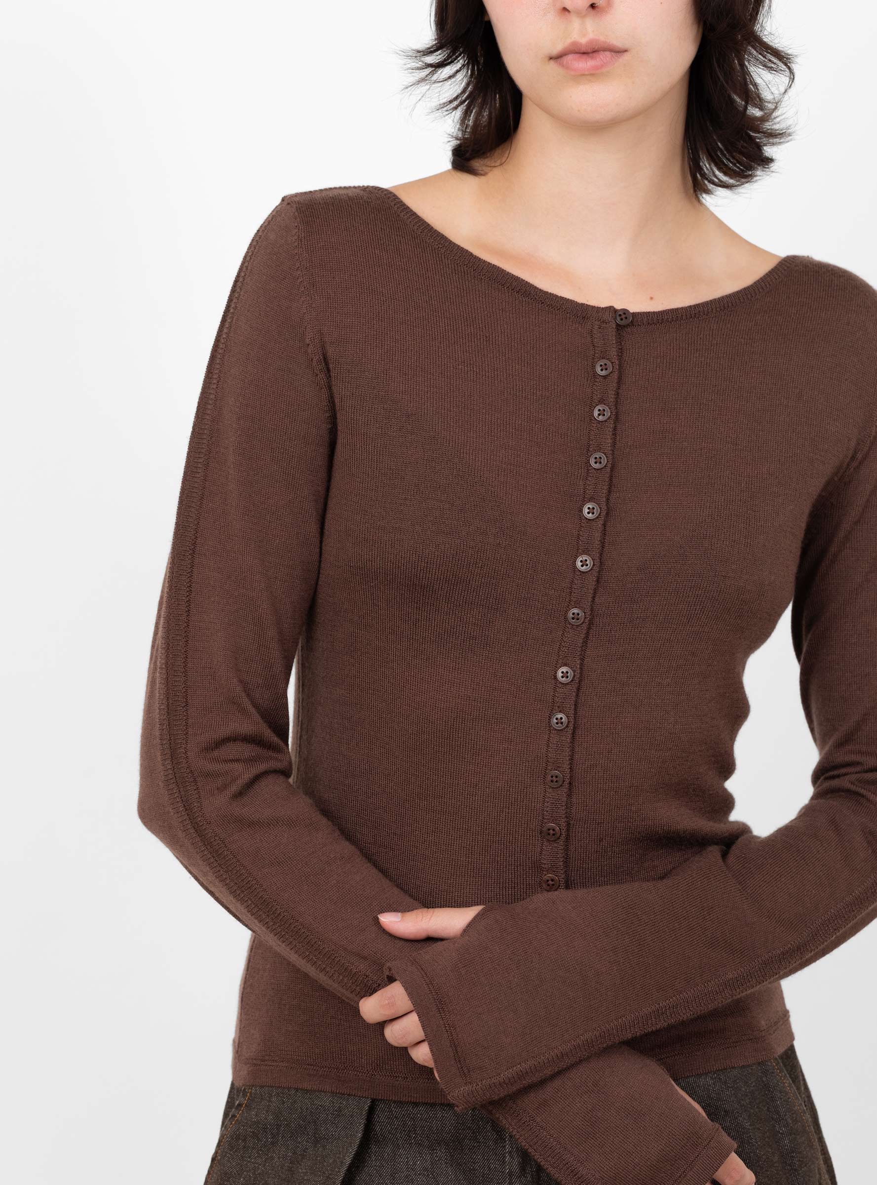 W_Natalie_Cardigan_Dark_Brown_Dark_Brown_YMC_Model_Close-Up at Couverture & The Garbstore