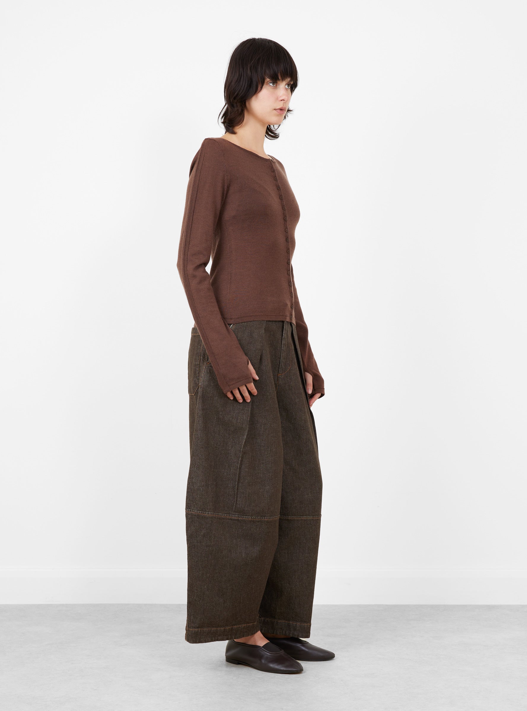 W_Natalie_Cardigan_Dark_Brown_Dark_Brown_YMC_Model_Side at Couverture & The Garbstore
