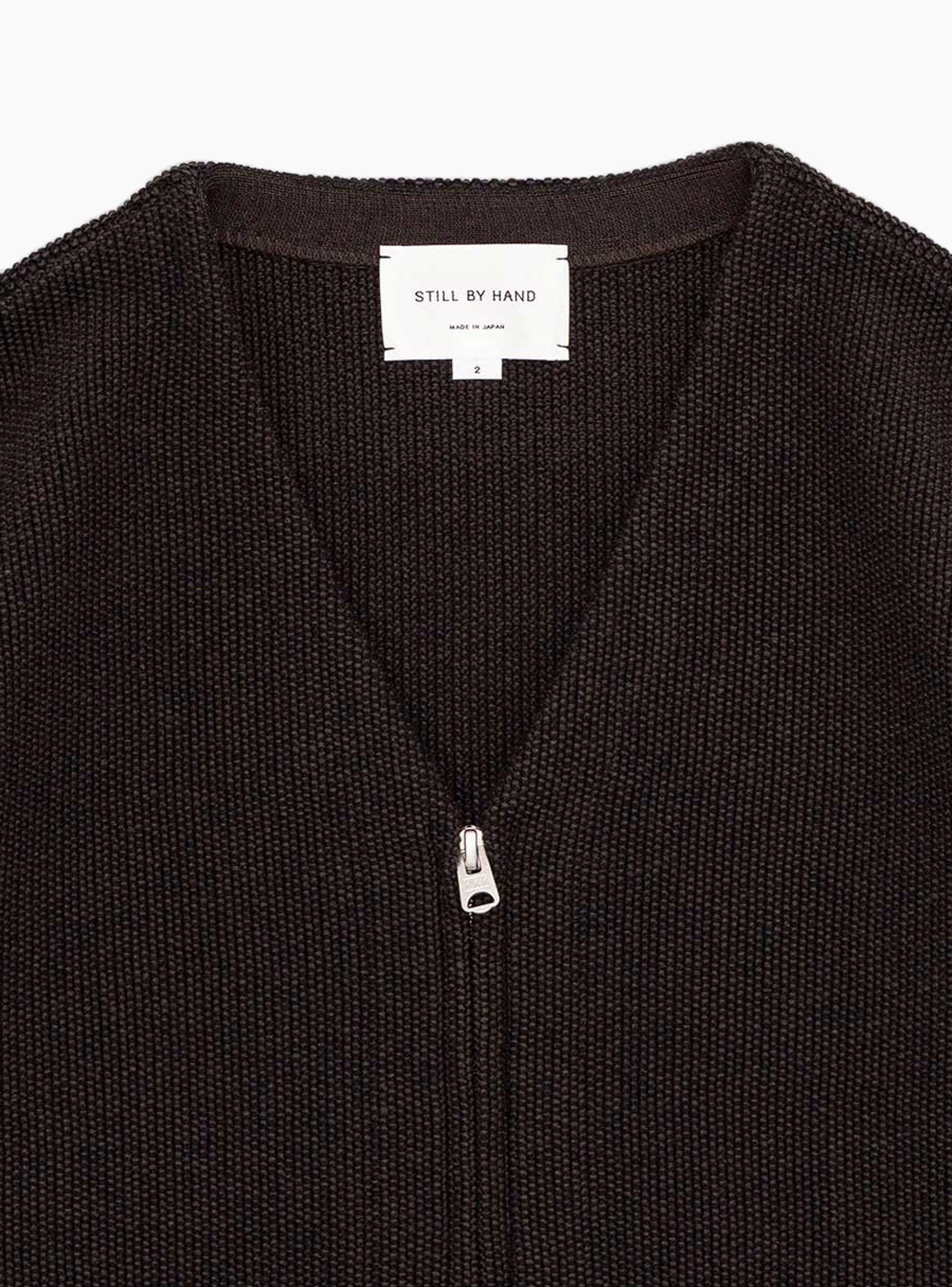 Zip Up Cardigan Brown Charcoal STILL BY HAND (Collar Detail) at Couverture & The Garbstore