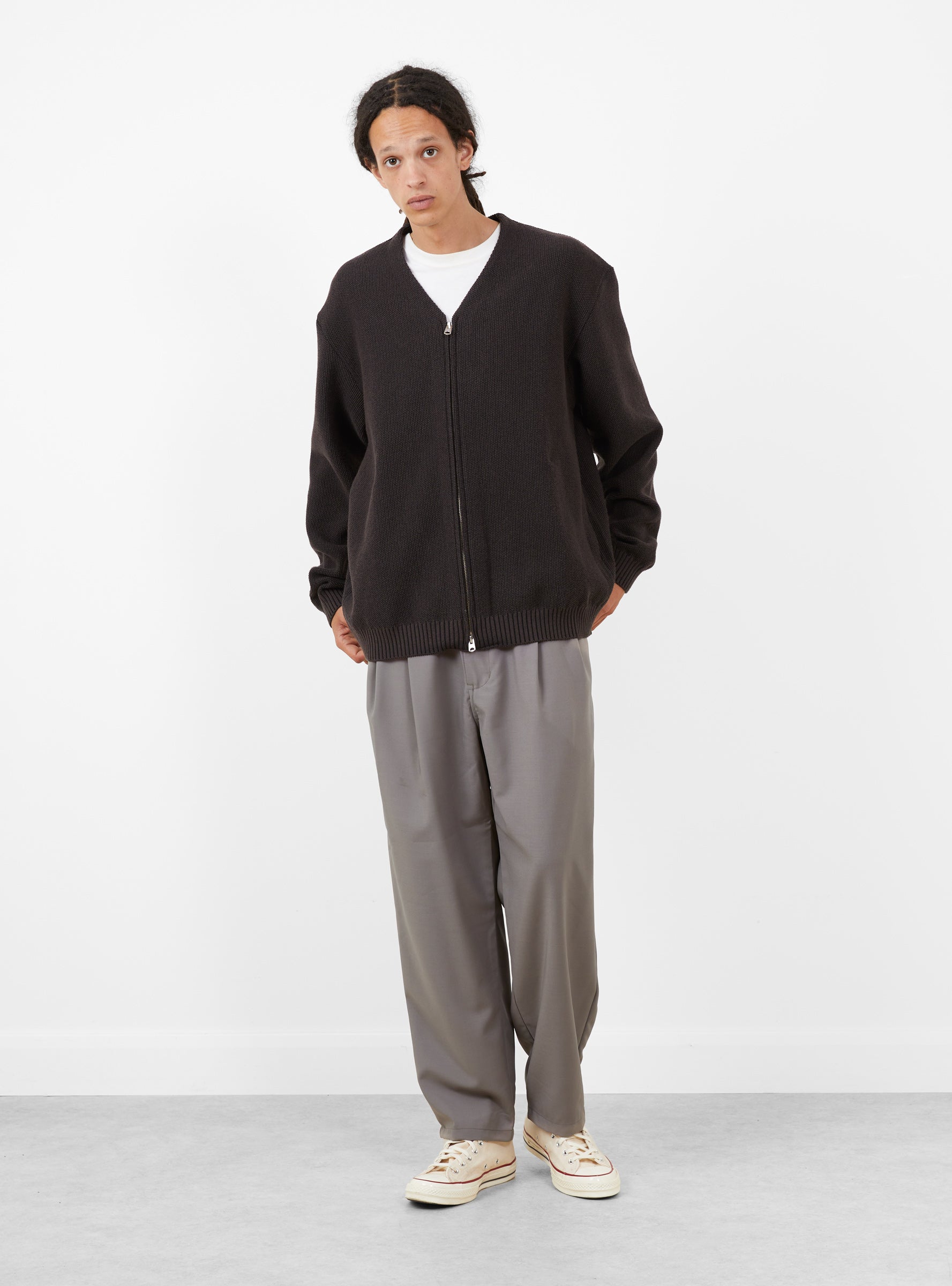 Zip Up Cardigan Brown Charcoal STILL BY HAND (model front) at Couverture & The Garbstore